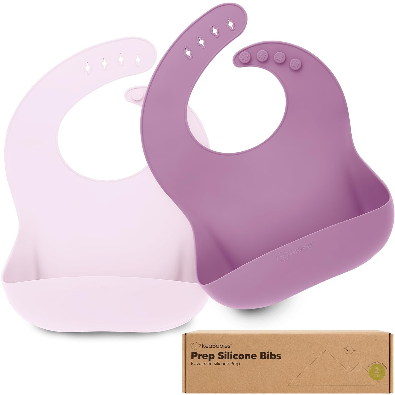 KeaBabies 2-Pack Silicone Bibs for Babies, Toddlers Girl, Boy – Sturdy Food-Grade Baby Bibs for Eating, Large Food Catcher, Clean & Put On Easily, Waterproof Toddler Feeding Essentials (Amethyst)