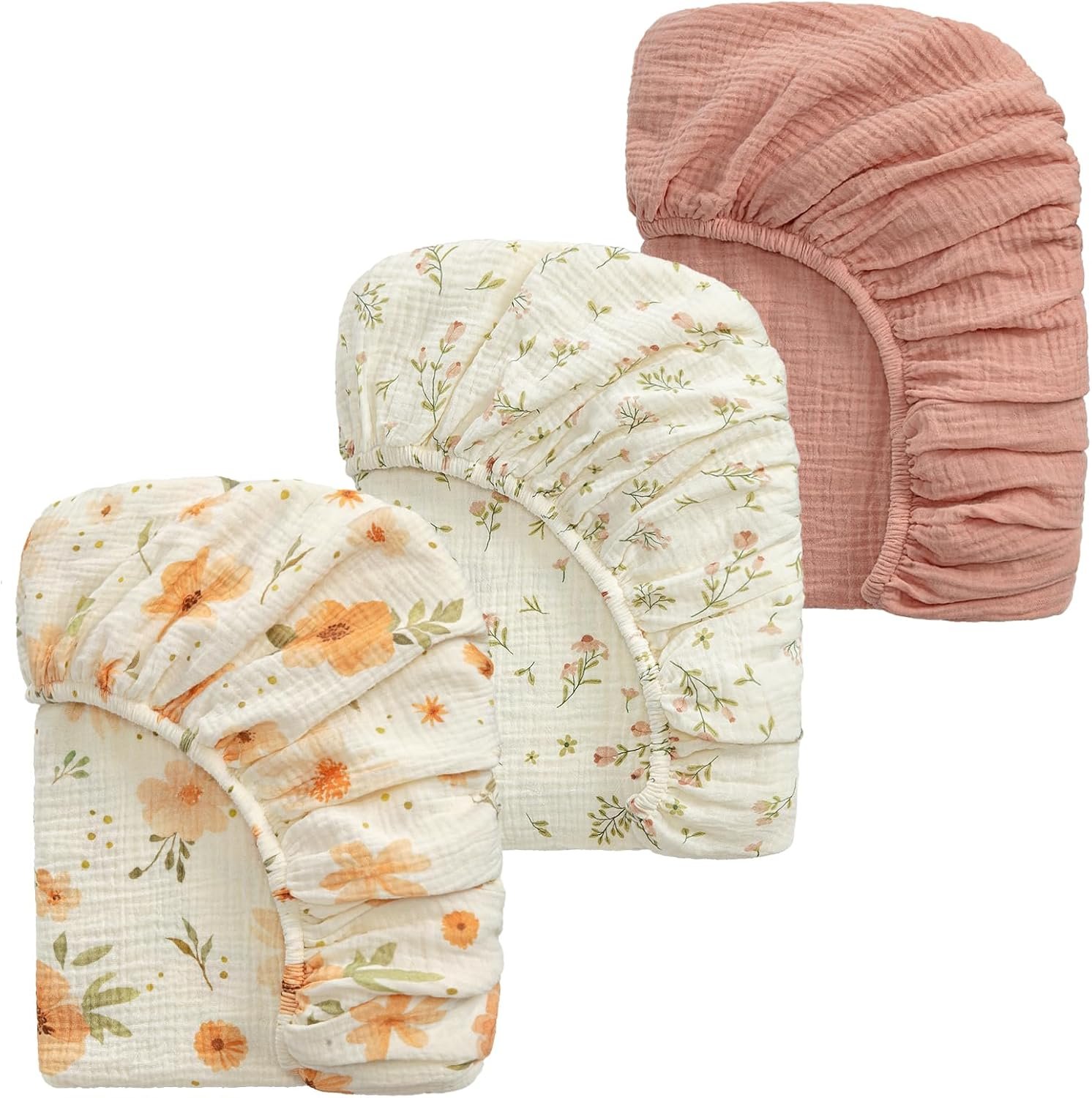 Muslin Crib Sheets, 52″x28″ Fitted Crib Sheet for Baby Girl and Boy, 3 Pack Soft Cotton Cover for Standard Crib Baby Bed and Toddler Mattress (Floral, Pink)
