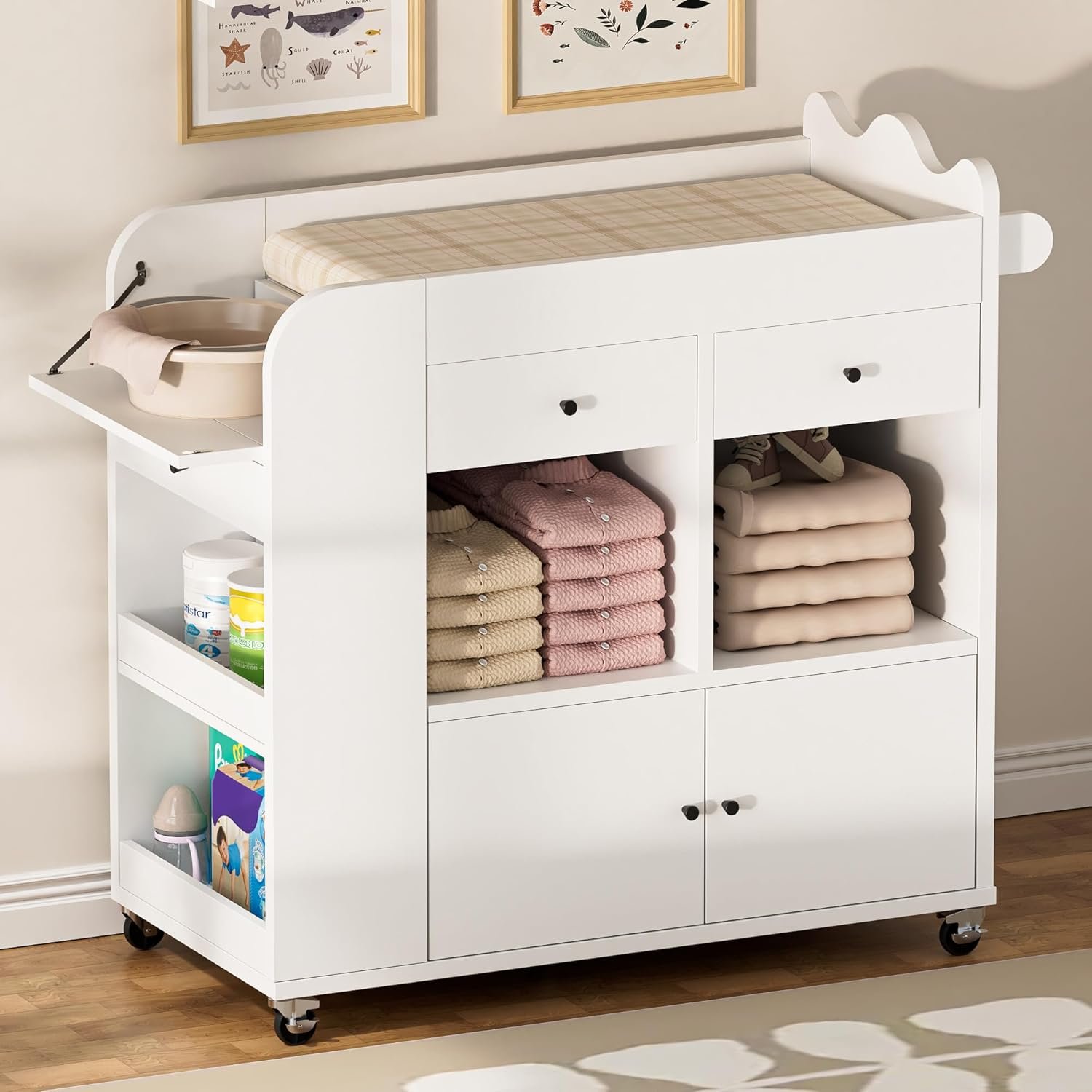 Baby Changing Table Top, 3 Drawers Nursery with 4 Open Cubbies, Rolling Chest with Wheels, 43″ W x 19.5″ D x 40″ H
