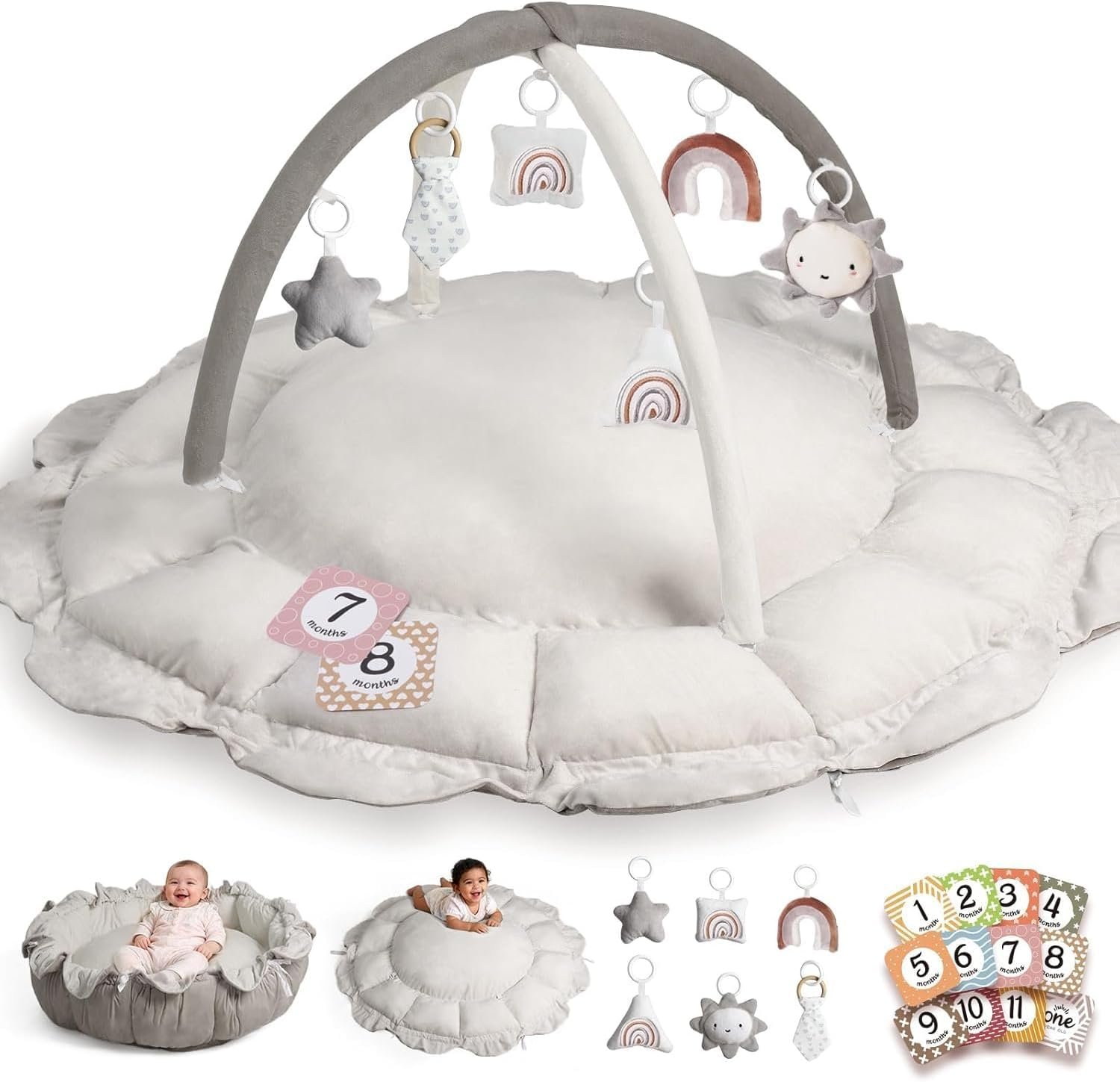 Little Dove 5-in-1 Convertible Baby Play Gym with 6 Toys, Tummy Time Mat for Sensory Development, Baby Activity Center from Newborn to Toddler, Ball Pit, Soft Plush Pet Mat, No Ball Included Grey