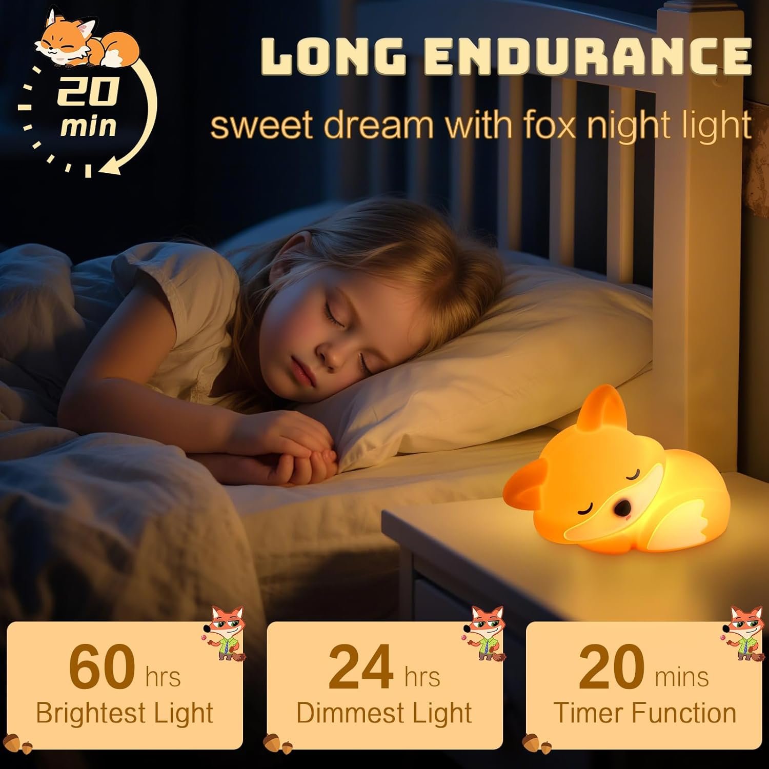 YR YRHH-PET Cute Fox Lamp, Silicone Rechargeable Dimmable Night Light for Kids, Baby Nursery Nightlight, Woodland Animal Decor, White Elephant Gifts, Touch Light Up, Safe BPA-Free, Orange