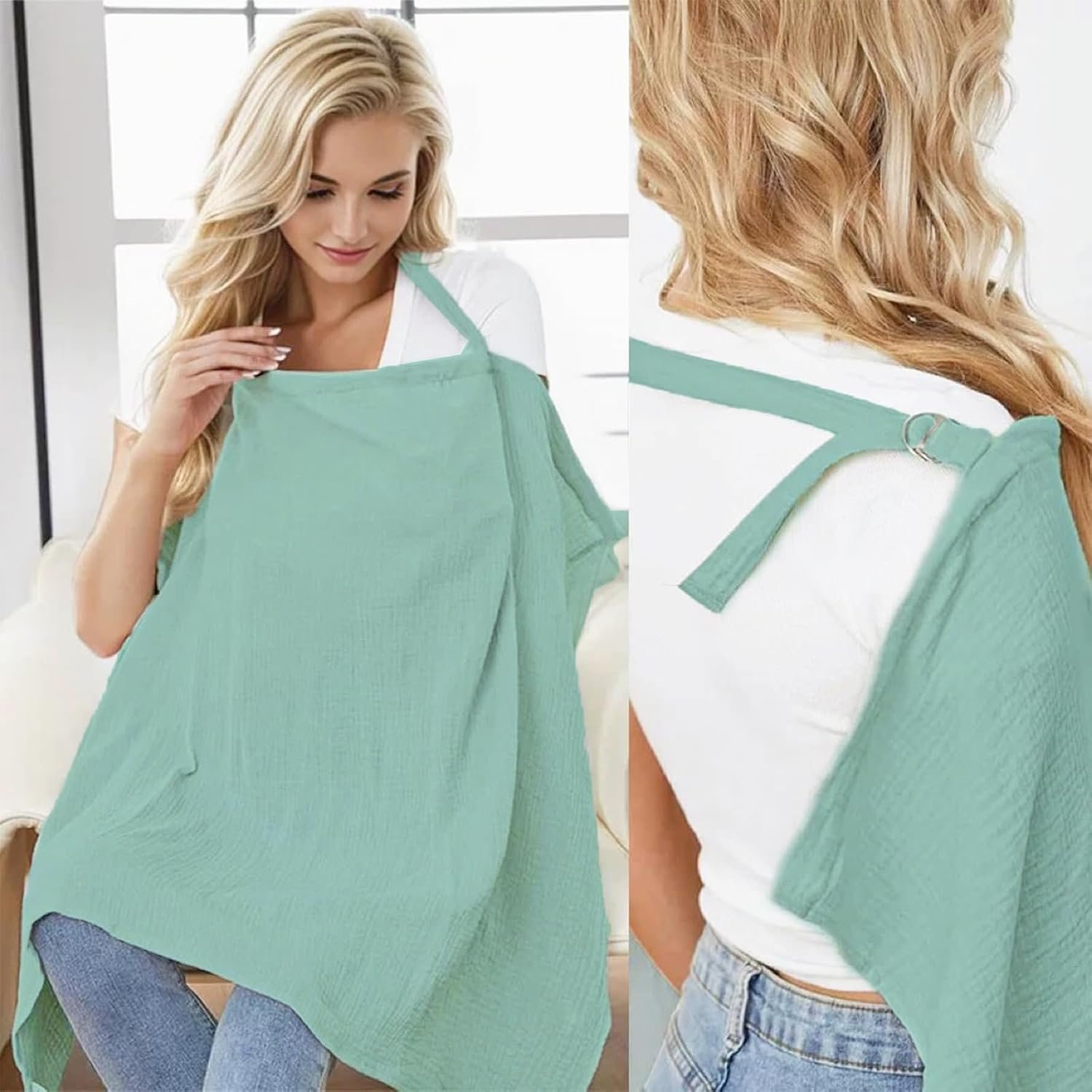 Muslin Nursing Cover for Breastfeeding Moms – 100% Cotton Lightweight & Breathable Privacy Shawl with Adjustable Rigid Hoop | Multi-use Apron(Sage Green)