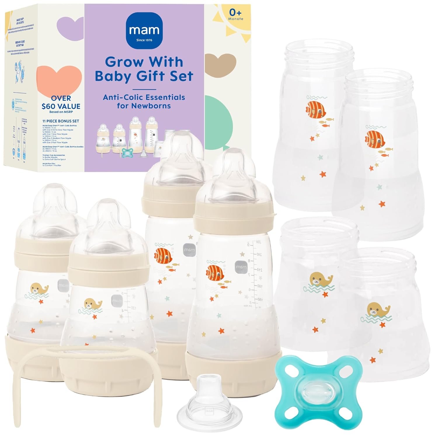 MAM Grow With Baby Anti-Colic Bottle Set – 4 Easy Start Bottles (5oz & 9oz) with Trainer Handles & Spout, Comfort Newborn Pacifier, Extra Bottle Bodies & Nipples | Self-Sterilizing Baby Feeding System