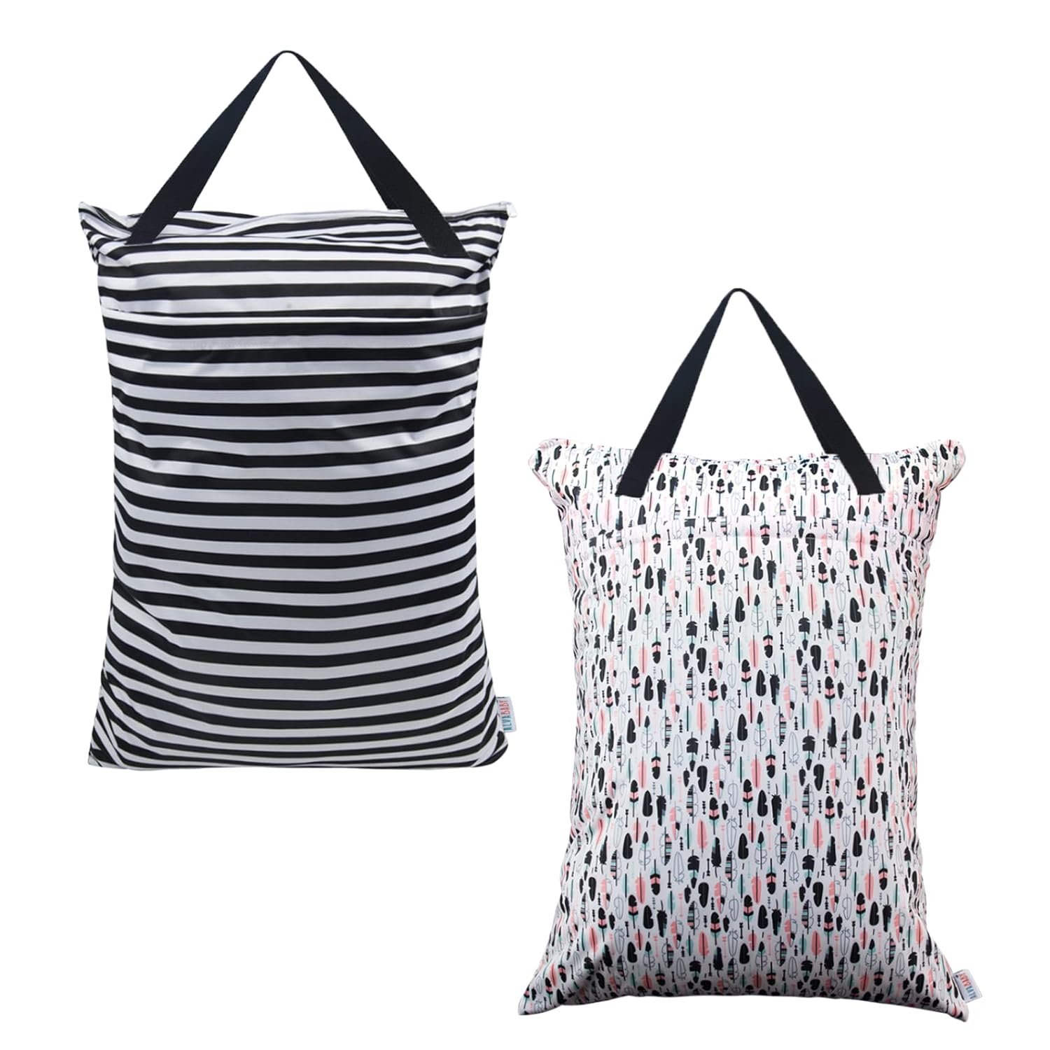 ALVABABY 2 Pack Large Wet Dry Bag Waterproof Hanging Cloth Diaper with Double Zippered Pockets 25×18 inches (Feather & Stripe)