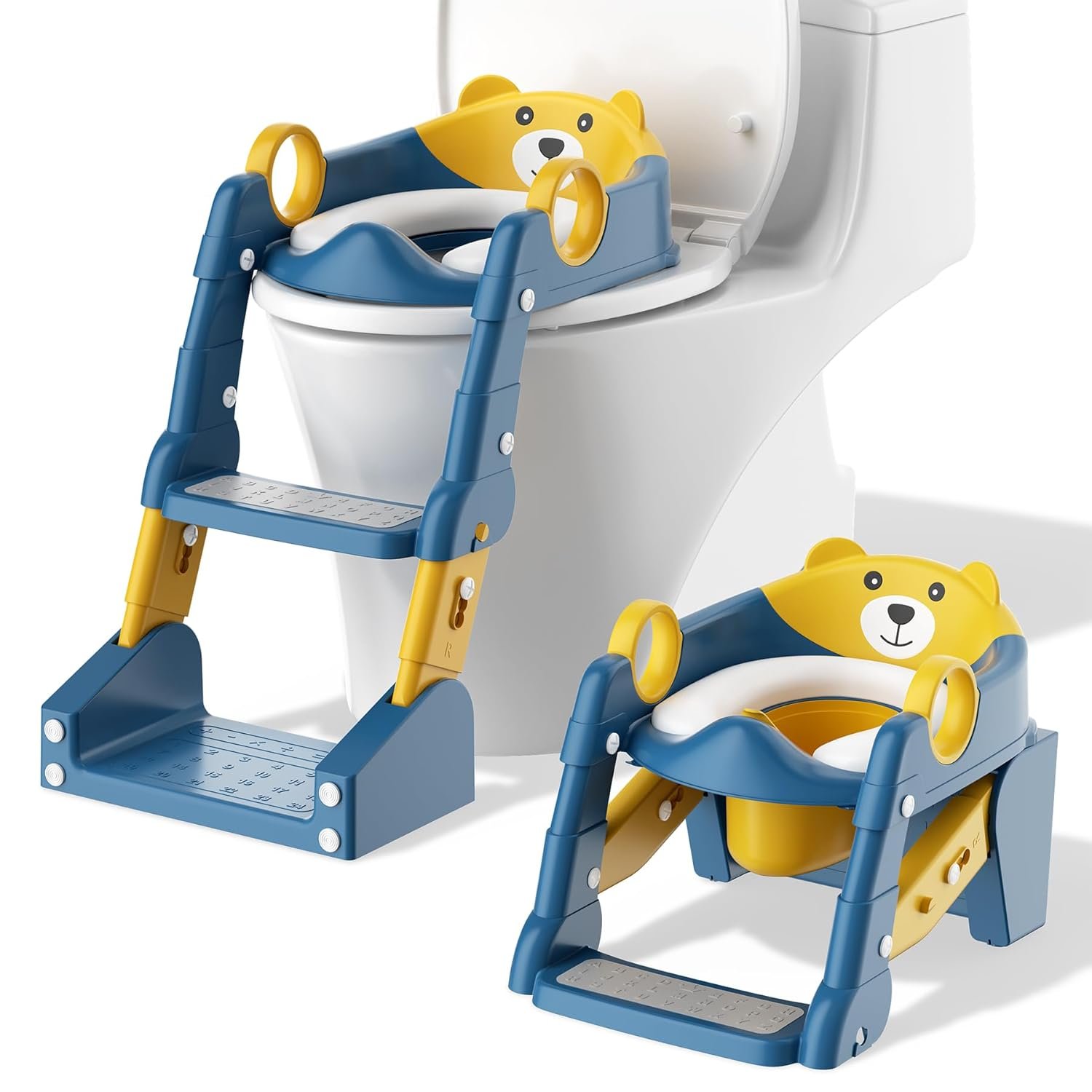 Potty Training Seat,Toddler Toilet Seat for Boys Girls,3-in-1 Potty Training Toilet and Chair with Step Stool Ladder,Non-Slip Height Adjustable Foldable Splash Guard for Kids (Blue Yellow)