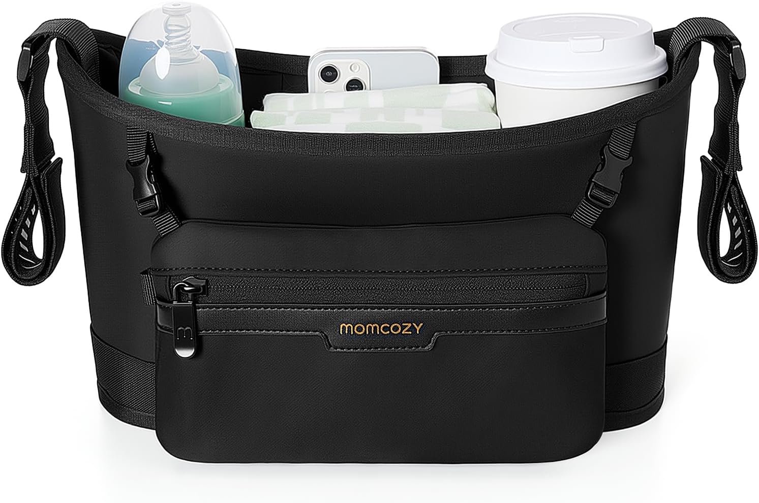 Momcozy Universal Stroller Organizer, Slim Stroller Caddy with 2 Insulated Cup Holders, Non-Slip Silicone Straps, Detachable Mini Pouch, Dense-Weave Parent Console for UPPAbaby, Doona, Graco & More