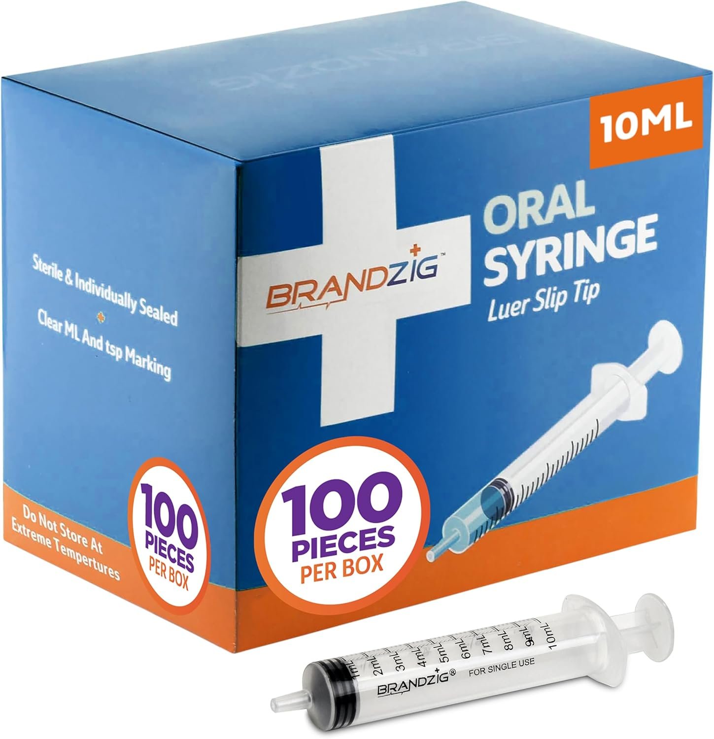 10ml Oral Syringes – 100 Pack – Luer Slip Tip, No Needle, Individually Blister Packed – Medicine Administration For Infants, Toddlers and Small Pets (No cover)