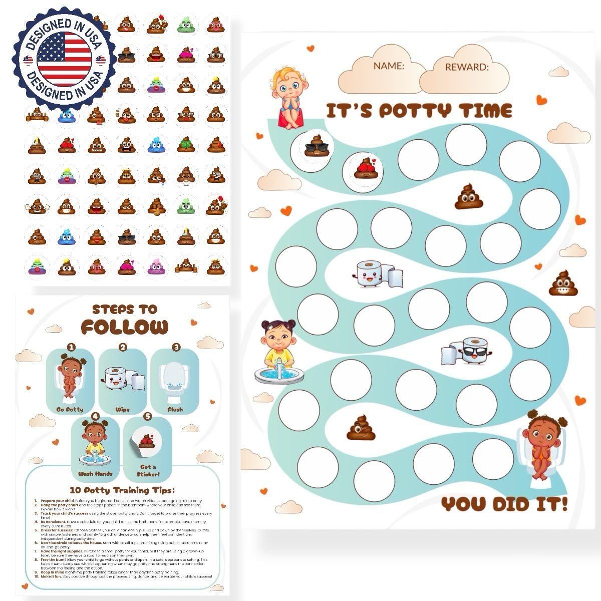 Potty Training Chart for Toddlers Boys and Girls, Including Fun Reward Poop Stickers – 10 Potty Sticker Chart for Kids and Over 250 Stickers for Toilet Training Success