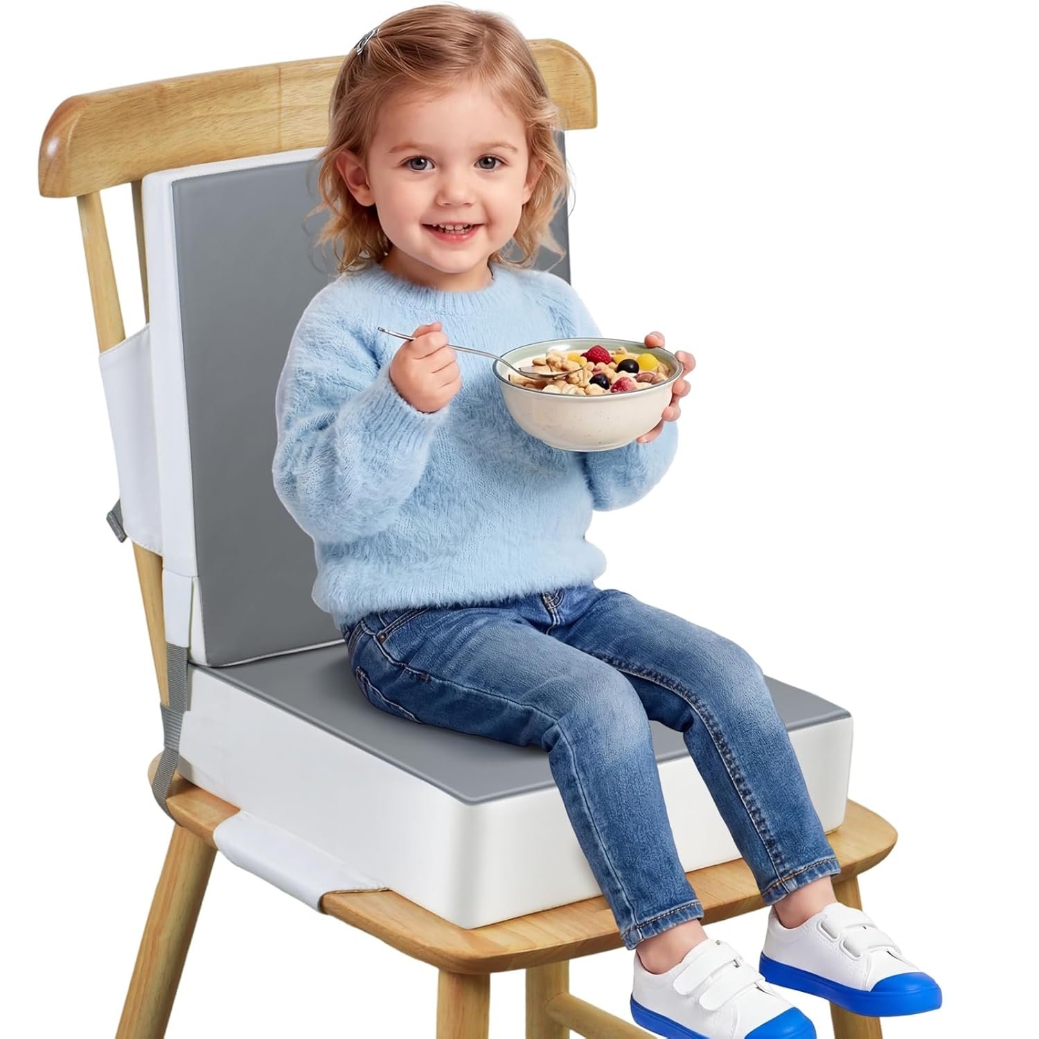 Booster Seat for Kitchen Chair – Toddler Booster Seat for Dining Table – PU Washable Double-Safety Straps with Buckle, Kids Portable Outdoor Booster Seat (Grey)