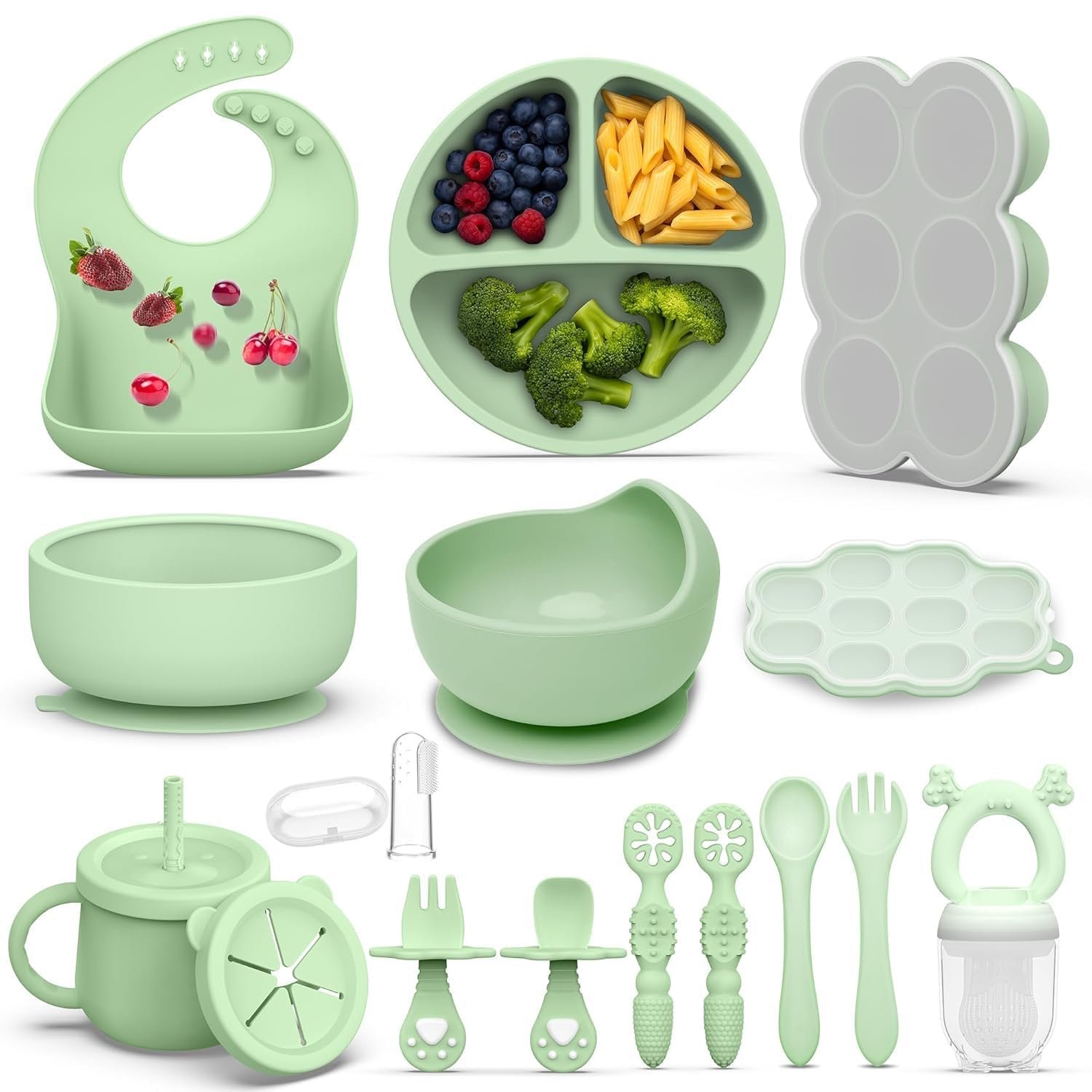 16 Pack Silicone Baby Feeding Set, BPA-Free Baby LED Weaning Supplies, Include Suction Plates, Baby Bowls, Silicone Fork & Spoon, and More, First Stage Baby Food Eating Utensils – 6+ Months(Green, 16)