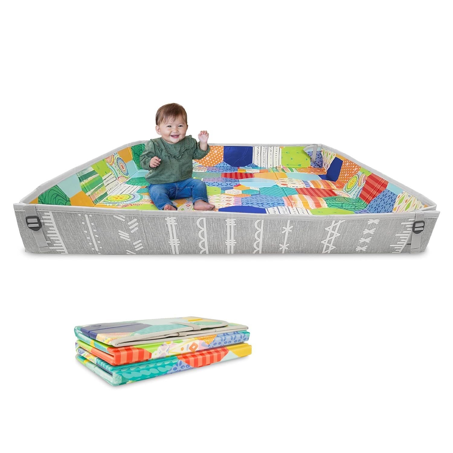Infantino Foldable Soft Foam Play Mat, Reversible 57×57” Baby Mat for Floor Time, Lightweight, Portable & Easy to Store, Water Resistant, Wipeable, Multicolor