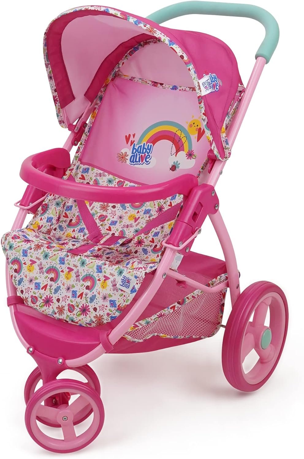 Baby Alive: Doll Jogging Stroller – Pink & Rainbow – Fits Dolls Up to 24″, Retractable Canopy, Front Bumper Bar, Swivel Wheels, Safety Harness, Pretend Play for Kids Ages 3+