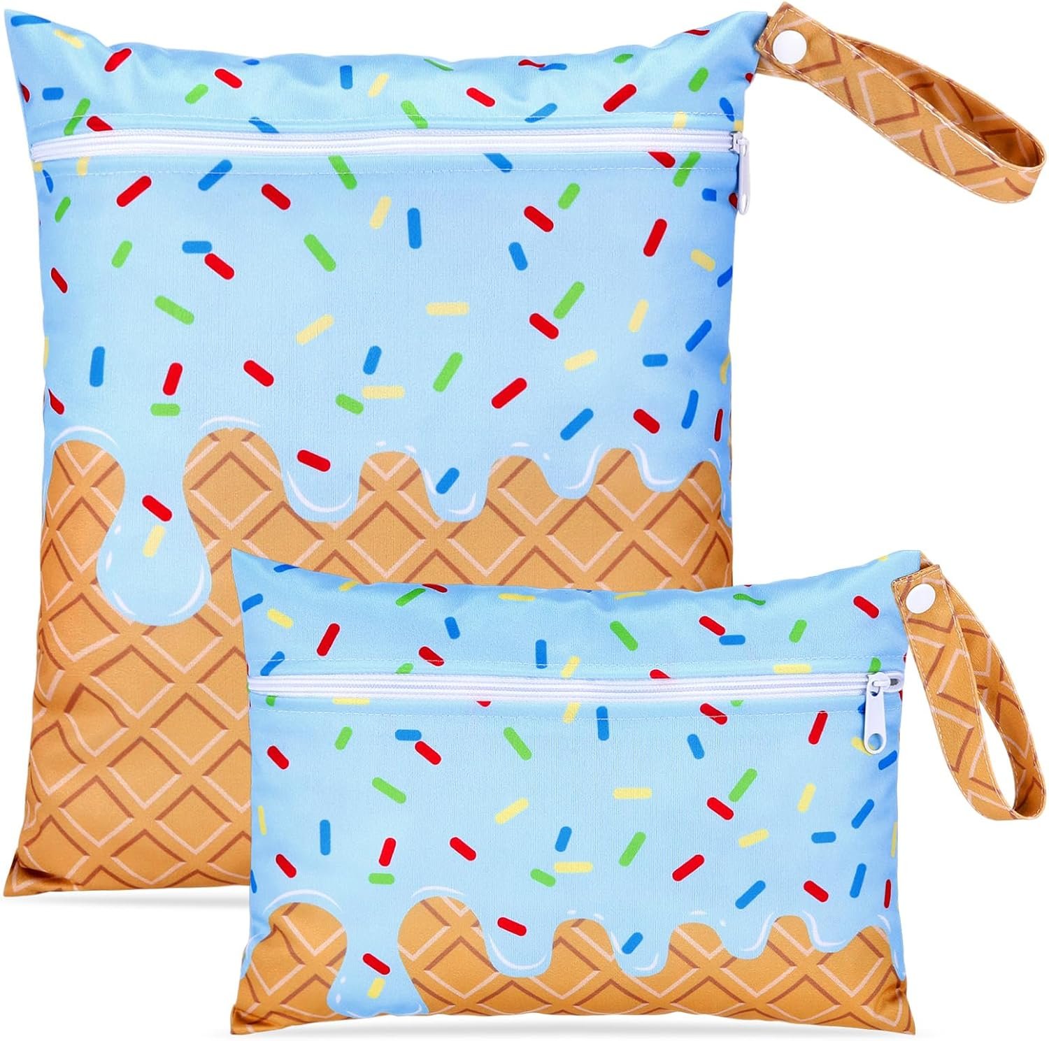 SATINIOR 2 Pack Wet Dry Bags Ice Cream Waterproof Pouch Large & Small Makeup Bag Baby Wet Bags Zipper Pouch for Baby Women Diapers Cloth(Blue)