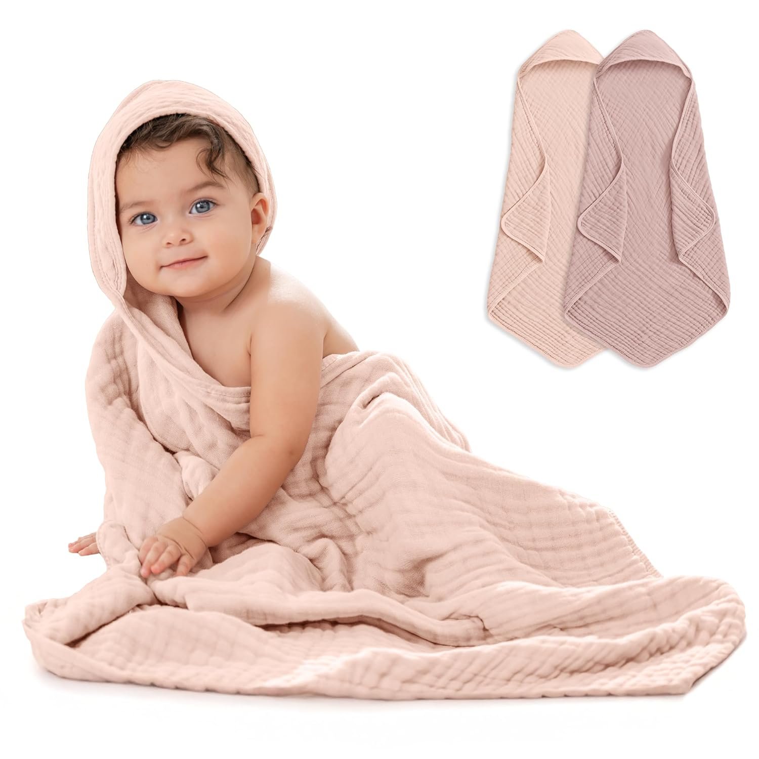 Comfy Cubs Hooded Baby Towel 2-Pack, Large 32 x 32 Inch – 6 Layer 100% Muslin Cotton for Babies, Toddlers, Kids – Soft & Absorbent Baby Bath Towels – Unisex Design for Bath Time, Mauve and Blush