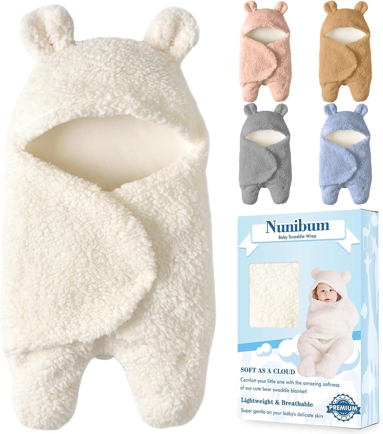 Nunibum Baby Swaddle Blanket Boys Girls Cute Bear Plush Essential Receiving Blanket Ultra-Soft Newborn Registry Sleeping Wraps for Infant 0-6 Months – White
