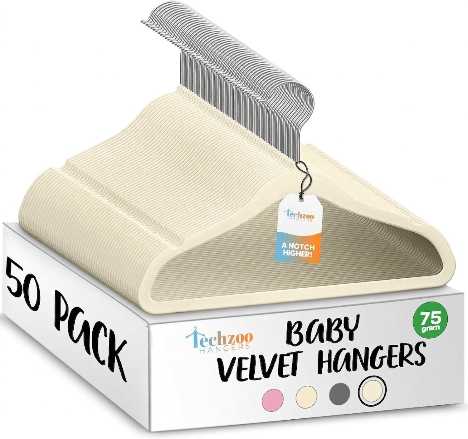 TechZoo 50 Premium Baby Velvet Hangers – 11.8″ Non-Slip, Ultra-Slim Space-Saving Children Closet Hangers – 360° Swivel Hook, Strong & Durable Infant & Toddler Clothes Hangers for Wardrobe – Ivory