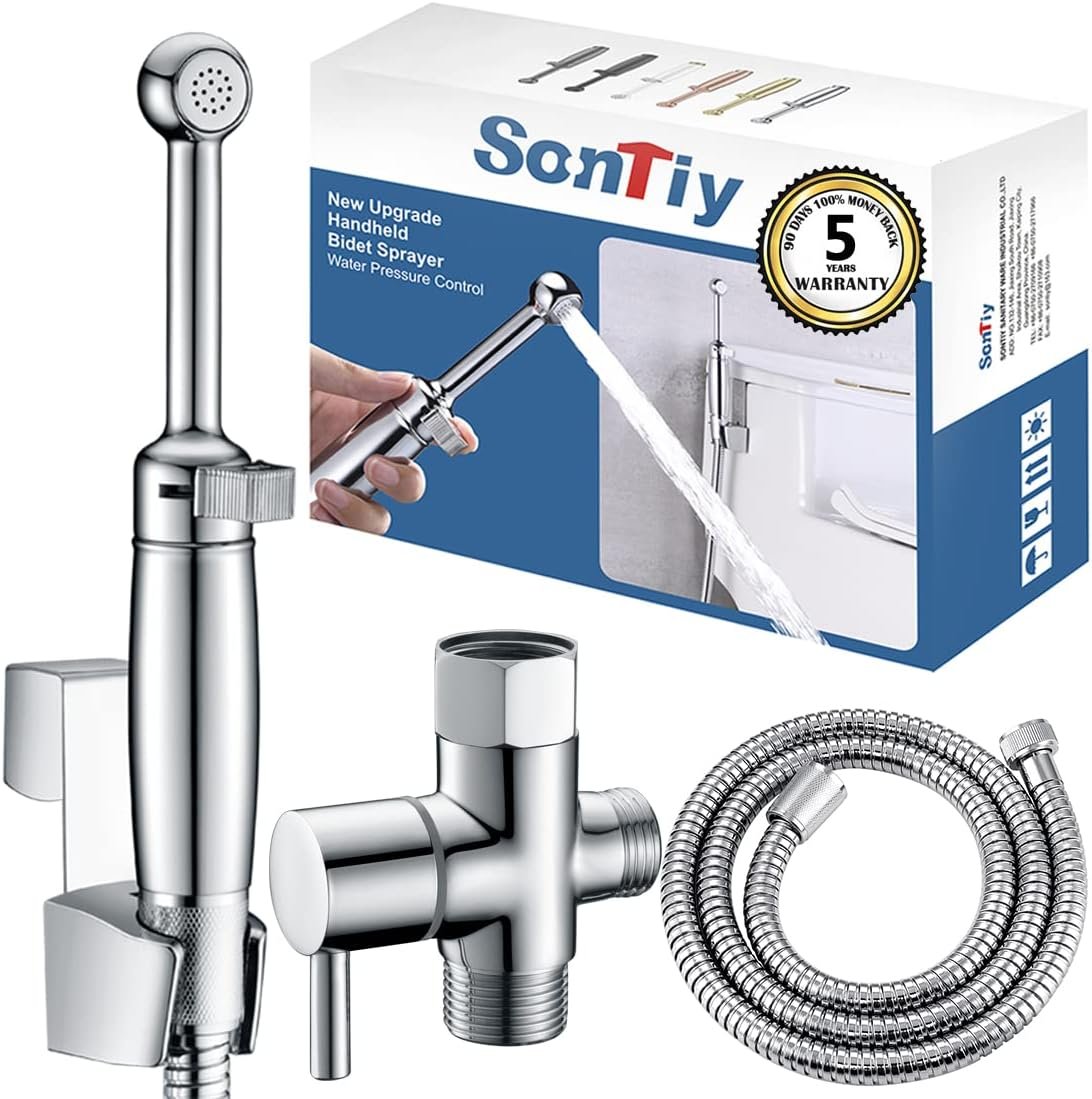 SonTiy Handheld Bidet Sprayer for Toilet, All Metal Cloth Diaper Toilet Sprayer Bidet Attachment with Backflow Preventer, Adjustable Water Jet Spray, 7.2″ Brass Hand Held Bidet Wand, Chrome