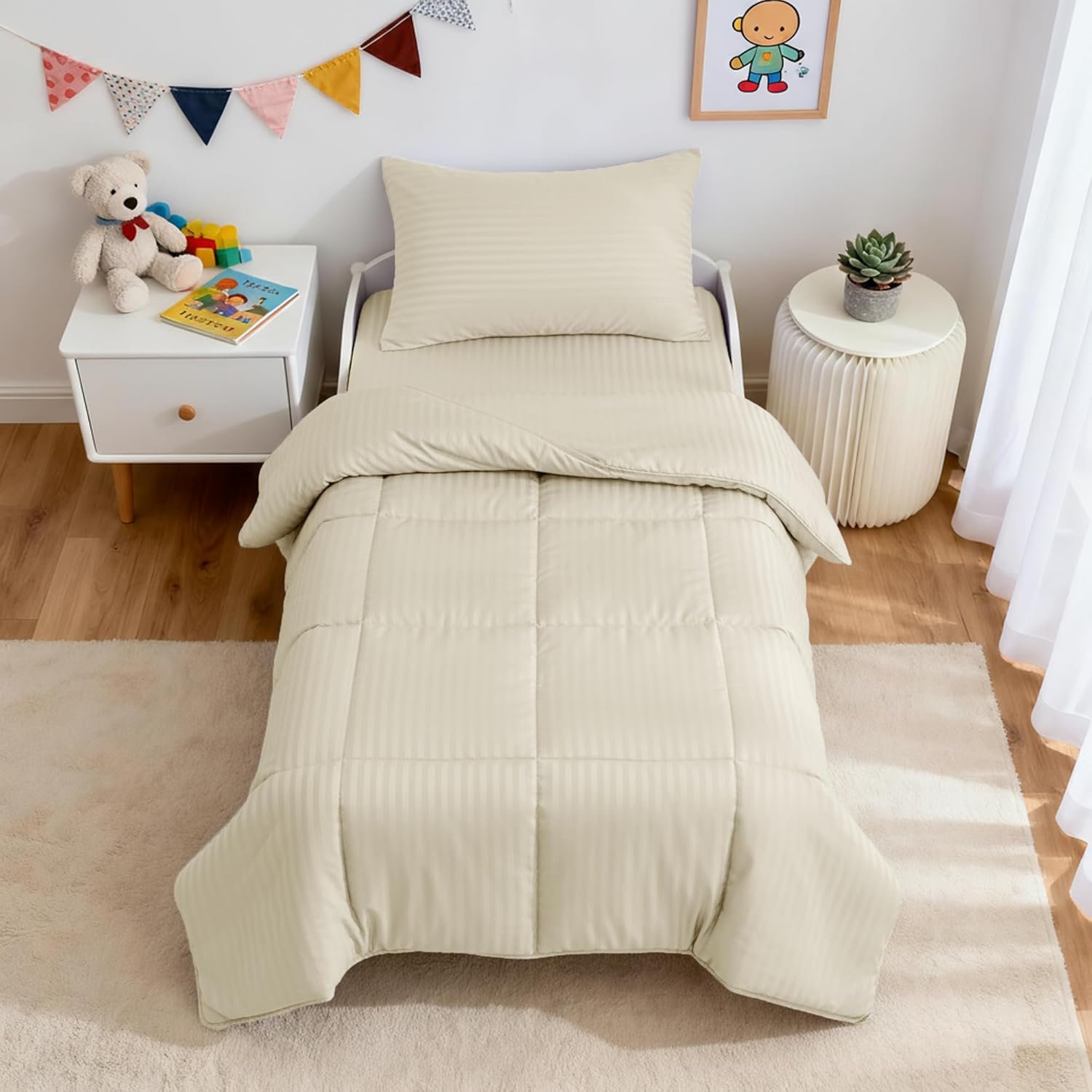 ZPECC Toddler Bedding Set – 4 Piece Hypoallergenic Baby Crib Bedding Set for Boys and Girls, Includes Toddler Comforter, Flat Sheet, Fitted Sheet and Pillowcase, Cream Stripe