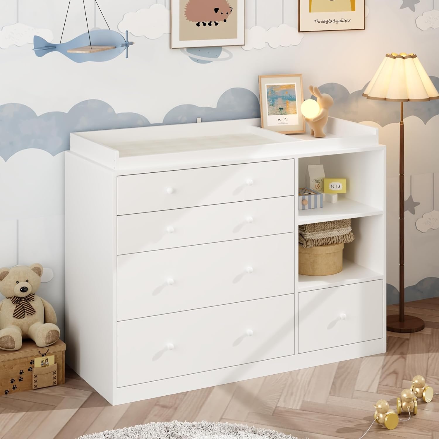 Nursery Dresser with Baby Changing Table, Diaper Changing Tables for Nursery with 5 Drawers & Shelves, Changing Station Nursery Organizer for Bedroom, White (47.6″ W x 19.7″ D x 36.1″ H)