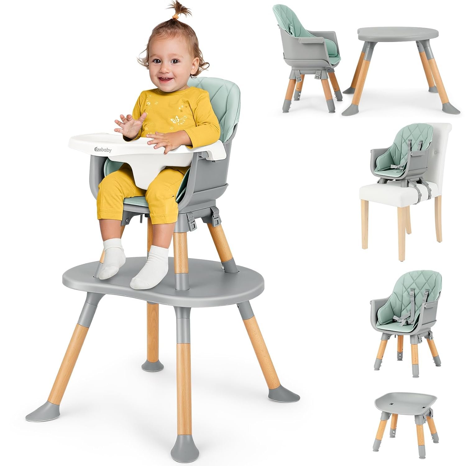 Ezebaby Convertible Baby High Chair with Table & Seat, 8-in-1 Adjustable Toddler Feeding Chair, Multi-Stage Infant to Kid Dining Booster Seat with Safety Harness, Easy to Clean & Sturdy Design(Green)