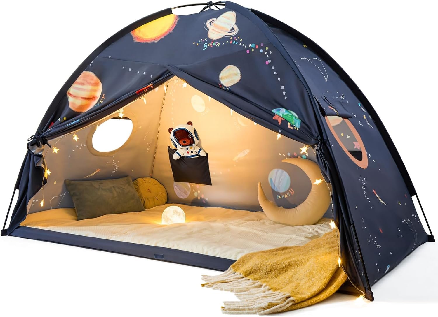 Tiny Land Space Galaxy Bed Tent for Kids – Sleep Bed Canopy with 9 Planets Design, Easy-to-Install Indoor Kids Play Tent, Imaginative Playhouse, Ideal Gift for Boys & Girls – 77″ x 40″ x 46″