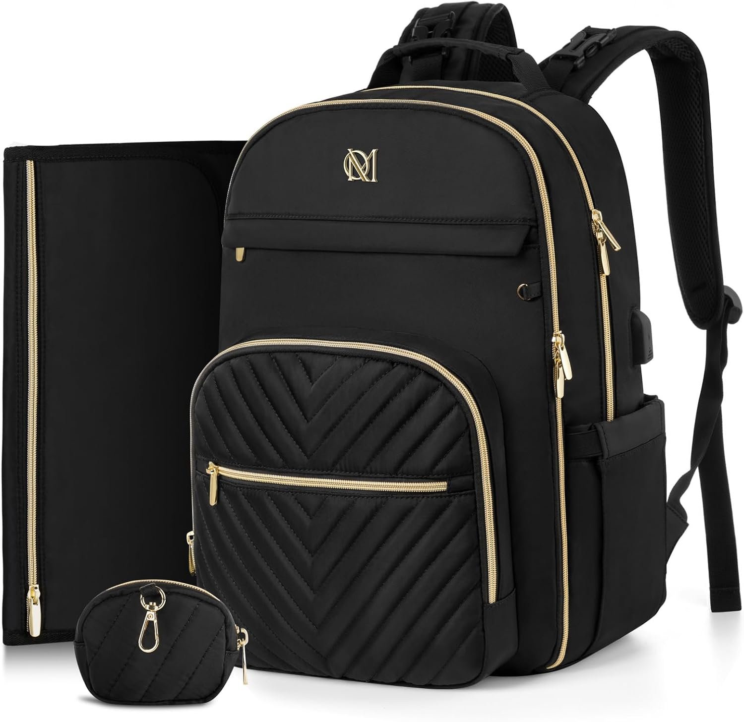 MOMUVO Diaper Bag Backpack, Quilted Baby Bag with Changing Pad & Stroller Straps & Pacifier Case, Large Travel Diaper Bags for Mom Dad, Black | with Changing Pad
