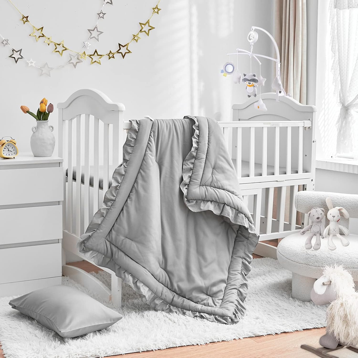 3 Pieces Crib Bedding Set Baby Ruffle Quilted Comforter with Fitted Sheet and Pillowcase – Cute Ruffled Shabby Chic Bedding Soft Blanket Design Gray