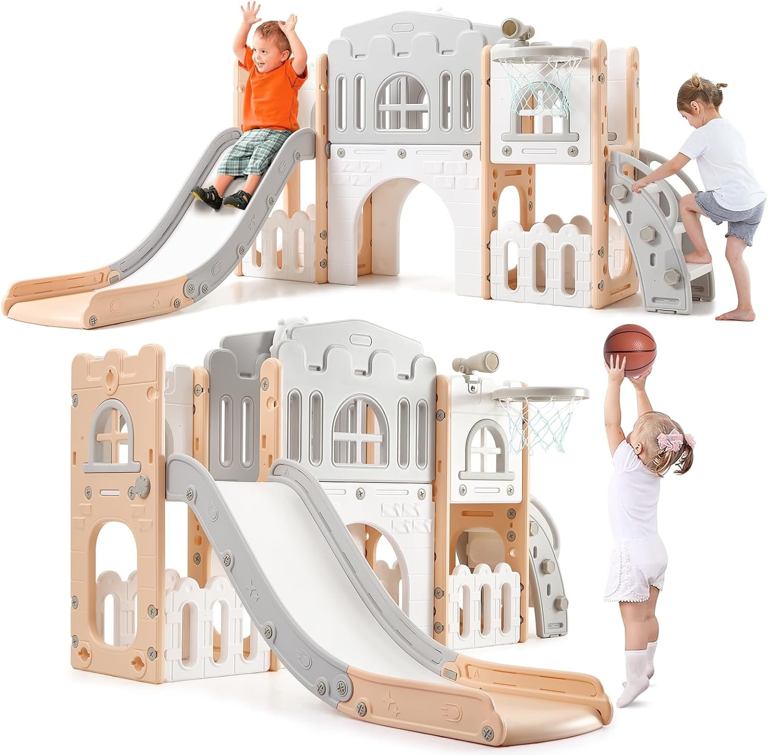 8-in-1 Toddler Slide and Climber Playset, Indoor Outdoor Kids Playground with Crawl Tunnel, Basketball Hoop, Telescope and Toy Storage, Multi-Functional Activity Play Center for 1-3 Years Old,Pink