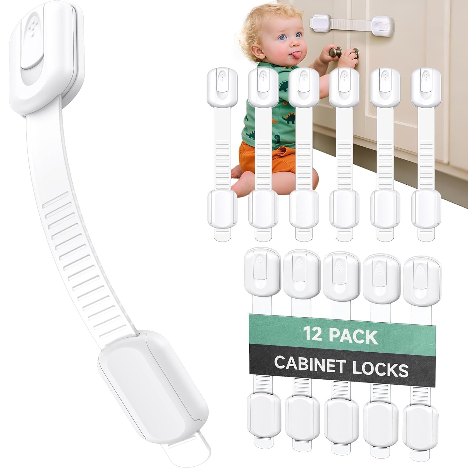 Infinno 12 Pack Cabinet Locks Baby Proofing Heavy Duty – Child Safety Cabinet Locks for Drawers, Cupboards & Fridge – No Drill 3M Adhesive Locks for Pets – Toddler Safety Latches