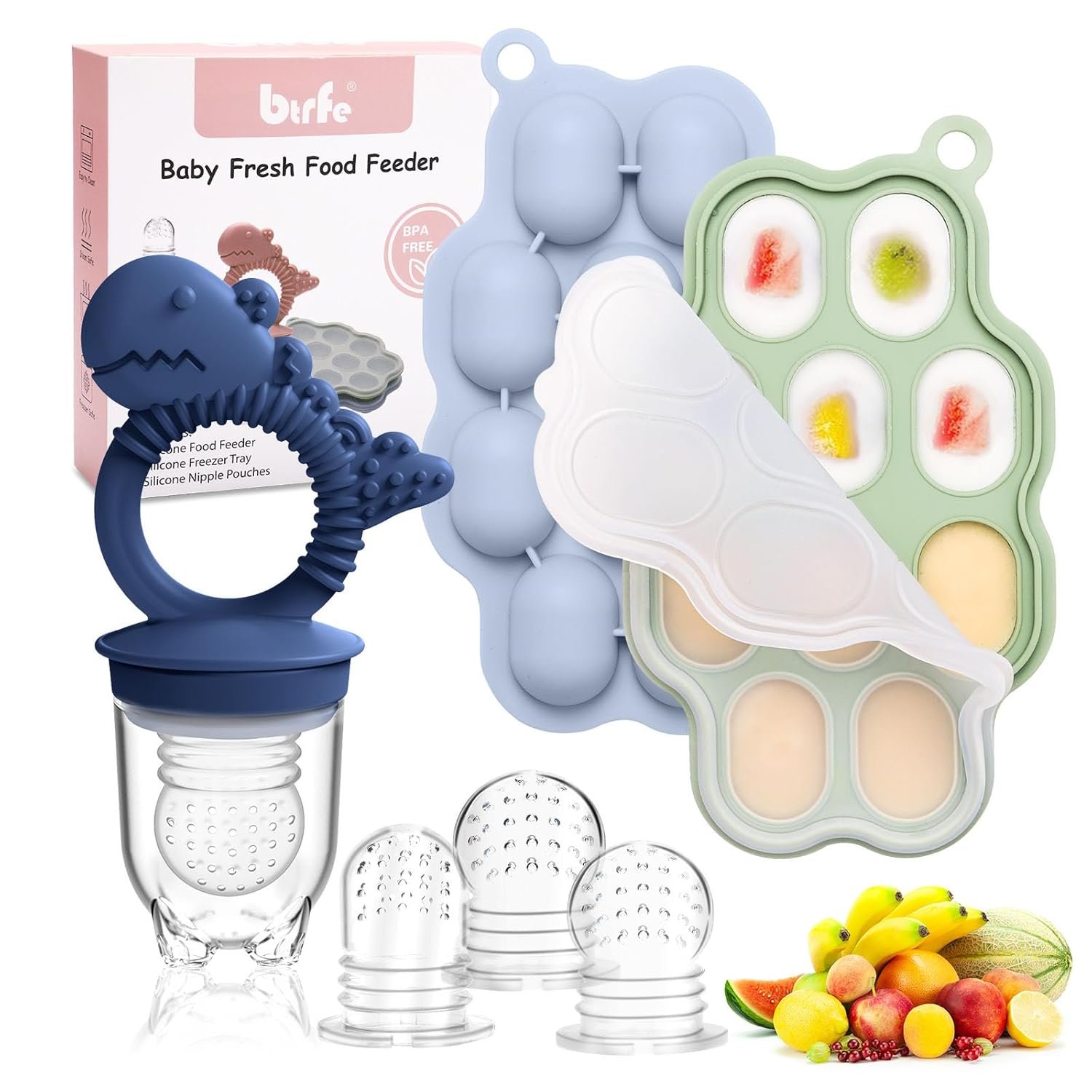 Baby Breastmilk Popsicle Molds & Fruit Feeder Pacifier, Silicone Baby Food Freezer Tray Storage Containers for Infant Teething Self Feeding