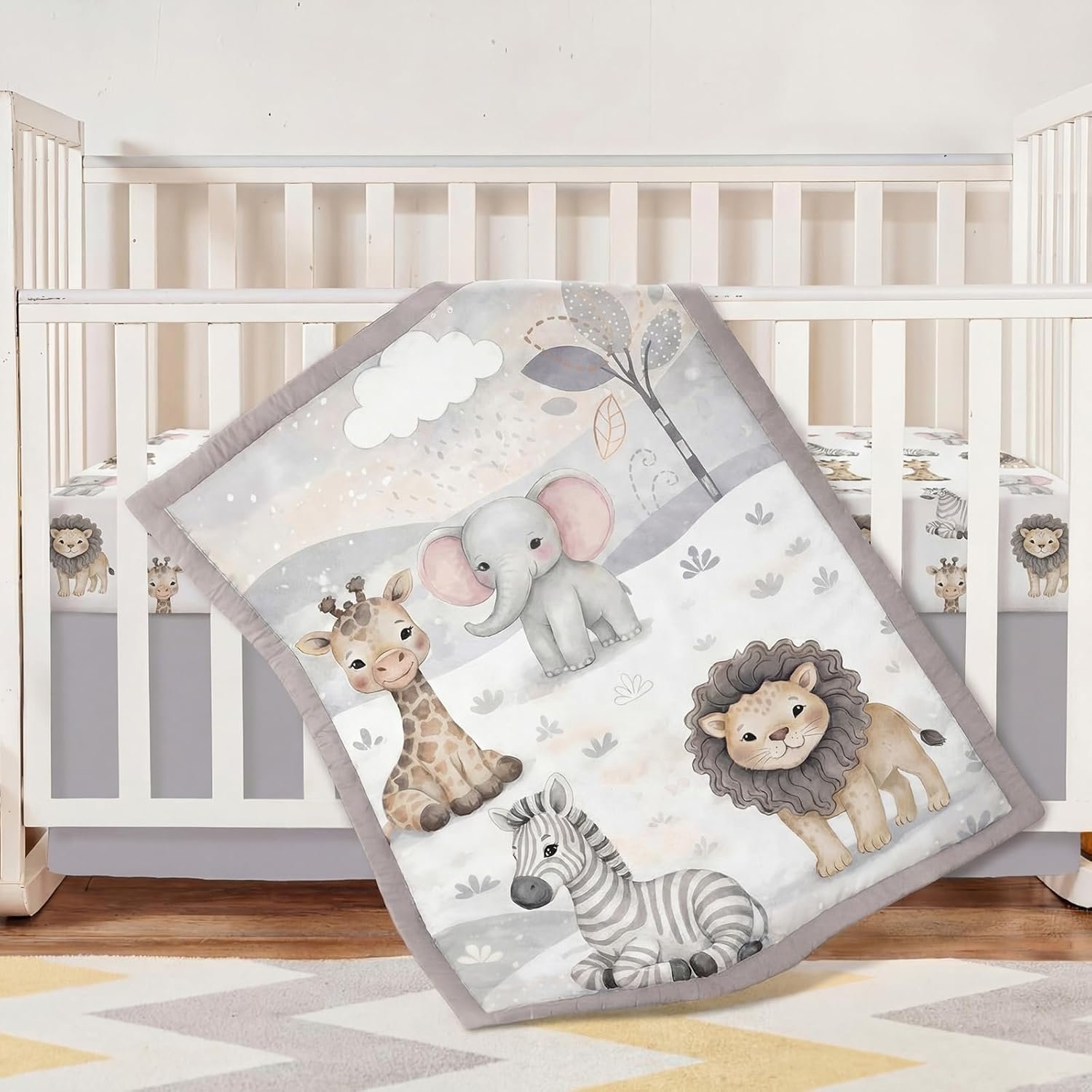 Hosuly 3 Pcs Baby Crib Bedding Set Safari Animals Bear Woodland Animals Jungle Crib Set Includes Quilt, Fitted Sheet, Skirt for Baby Boy Girl(Light Blue,Safari)