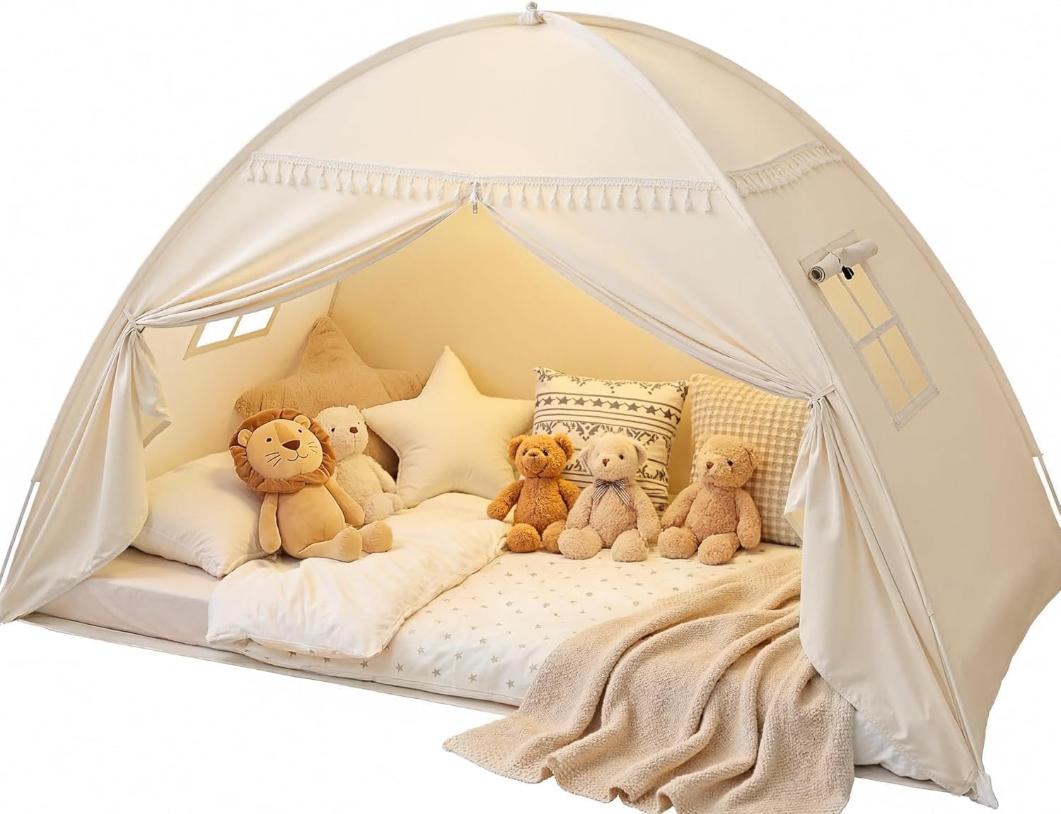 Sumbababy Twin Bed Tent for Kids, Toddler Bed Canopy Indoor Tent for Boys Girls with Star Lights & Flags, Queen Size Kids Tents for Inside Bedroom (Golden Beige)