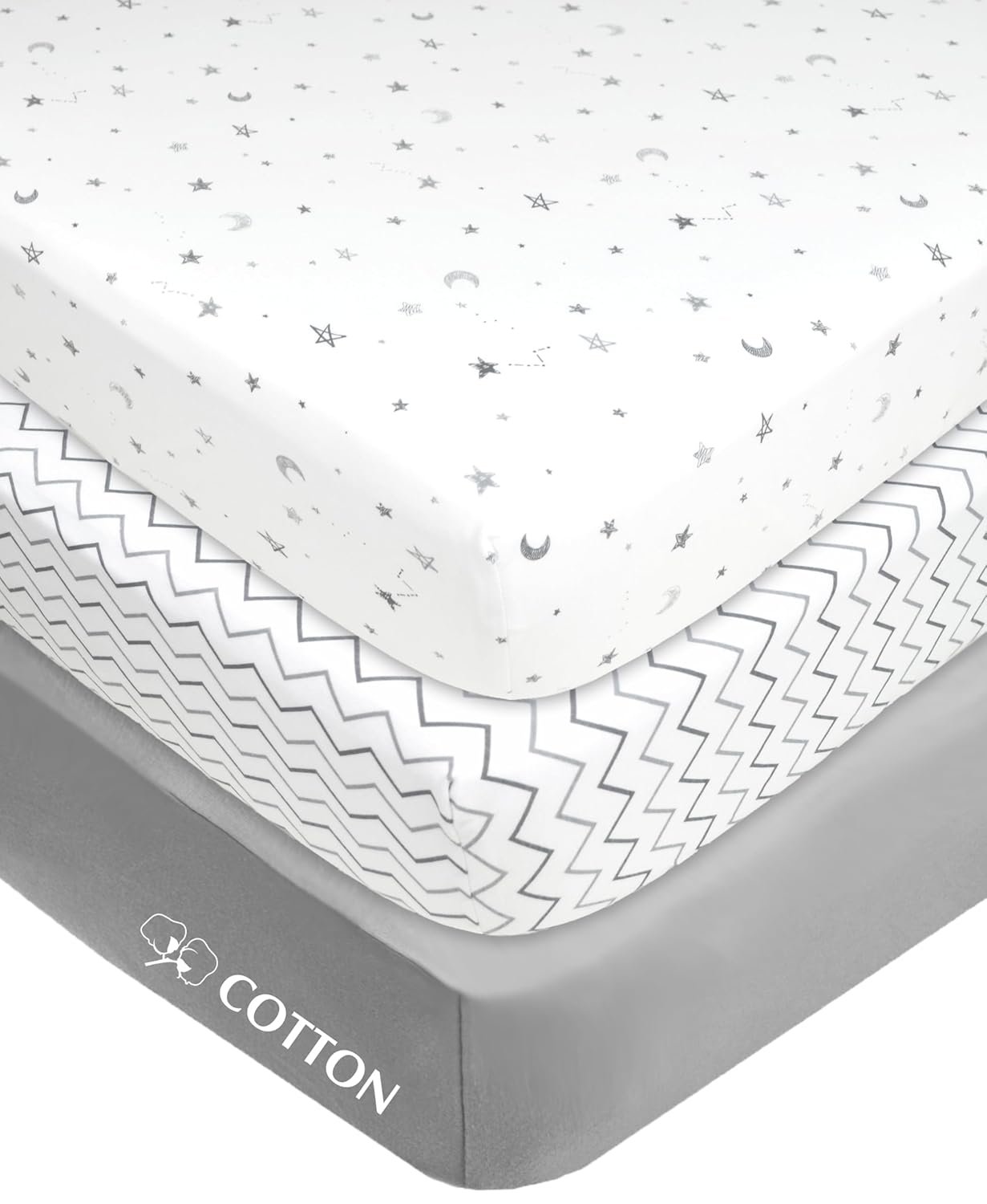 American Baby Company 3 Pack 100% Natural Cotton Fitted Mini Crib Sheets 38″ x 24″ – Soft & Breathable Small Nesting Portable Sheets, Fits Pack N Play Mattresses, Gray Star/Zigzag, for Boys & Girls