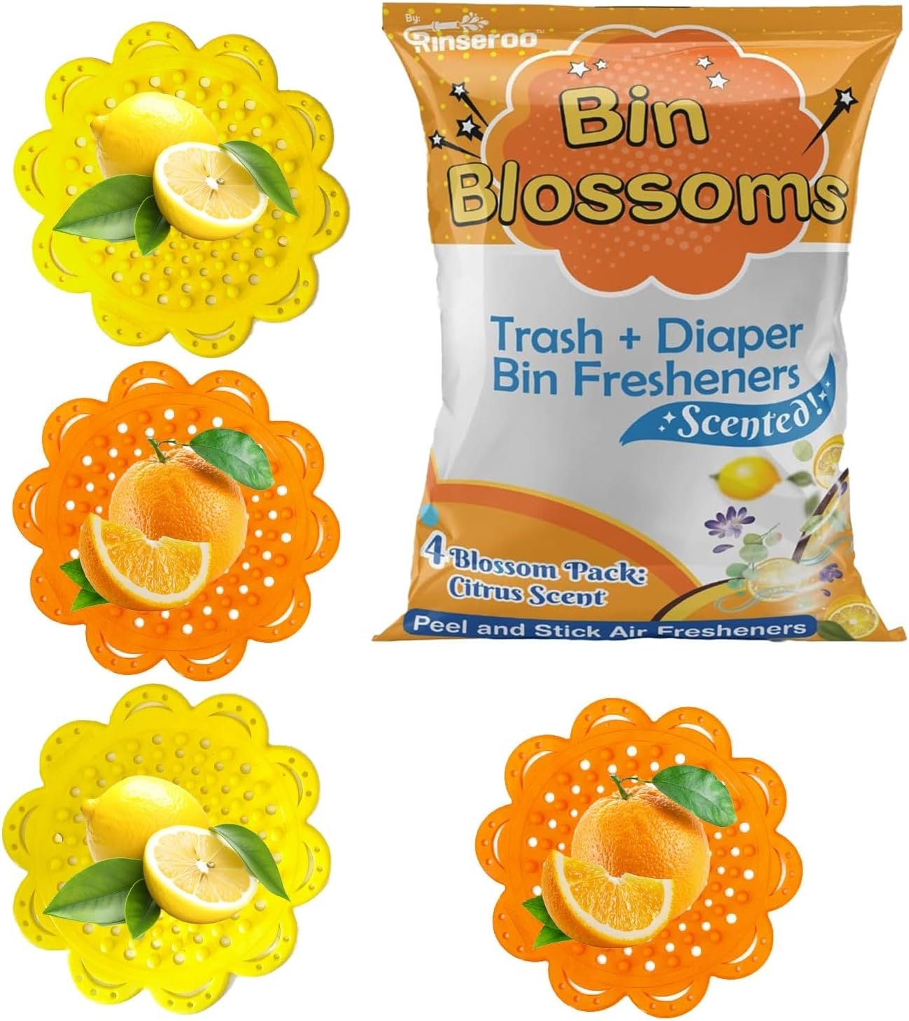 Bin Blossoms: New & Improved Peel & Stick Air Freshener (4-Pack) – Citrus Fresh Trash Can Deodorizer, Diaper Pail Odor Neutralizer, Garbage Bin Odor Control for Lid or Base