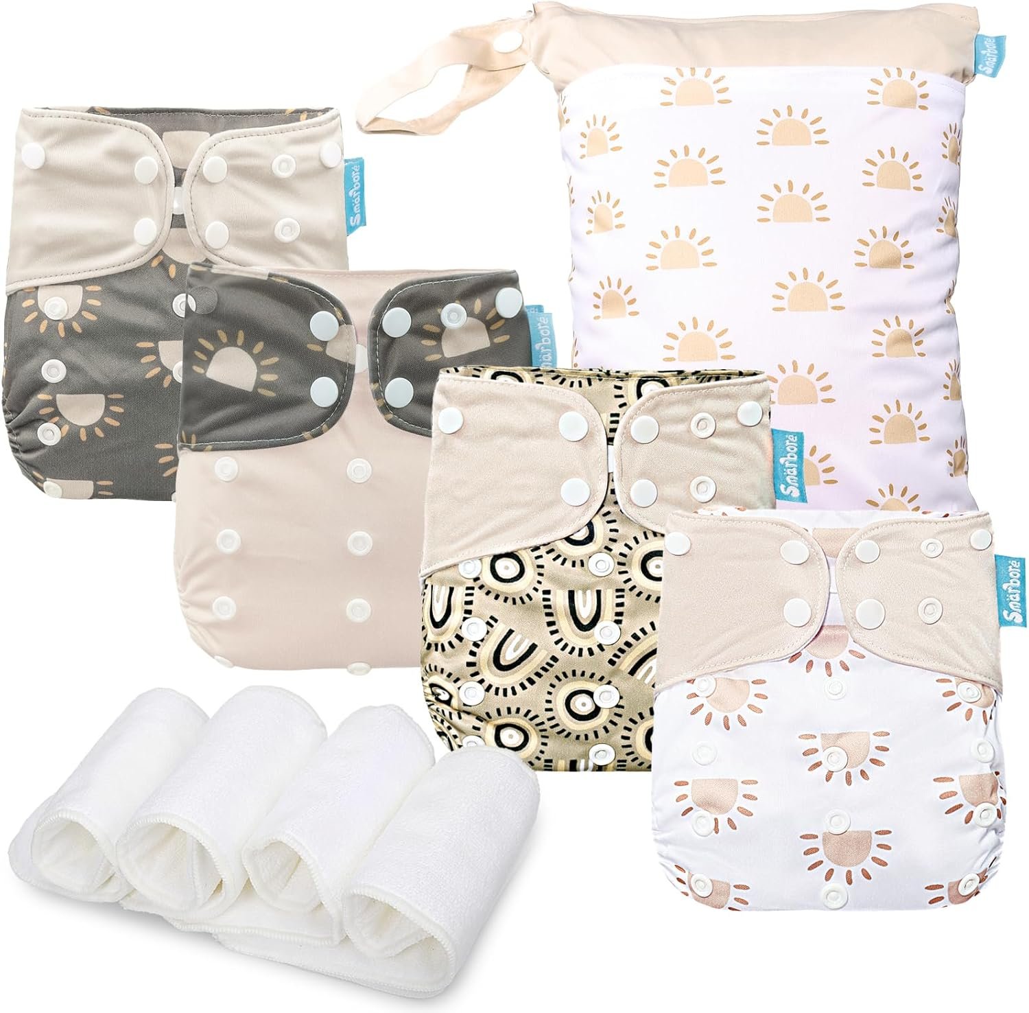 Baby Cloth Diapers Set – 4 Pack with 4 Inserts & 1 Wet/Dry Separation Bag, Reusable Infant Toddler Nappy, Adjustable Pocket Diapers for Baby Boys and Girls (6-33 pounds, 0-3 Years)