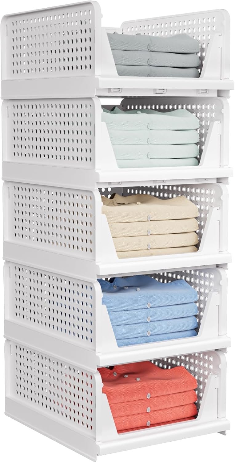 5 Pack Stackable Closet Storage Basket – Stackable Storage Bins, Multifunctional & Foldable Closet Organizer Waterproof, Wardrobe Cupboard Space-Saving Hat Storage Drawer Organizer, White
