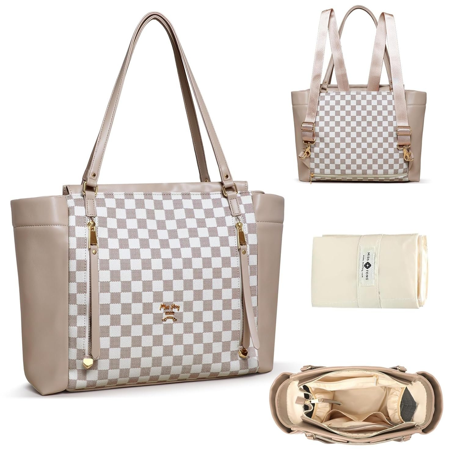 miss fong Checkered Diaper Bag Tote Leather Diaper Bag Backpack, Large Capacity Mommy Bag Hospital Bag, 12 Pockets Travel Diaper Tote with Changing Pad for Mom Plaid Tote Bag for Women-Beige&Honey