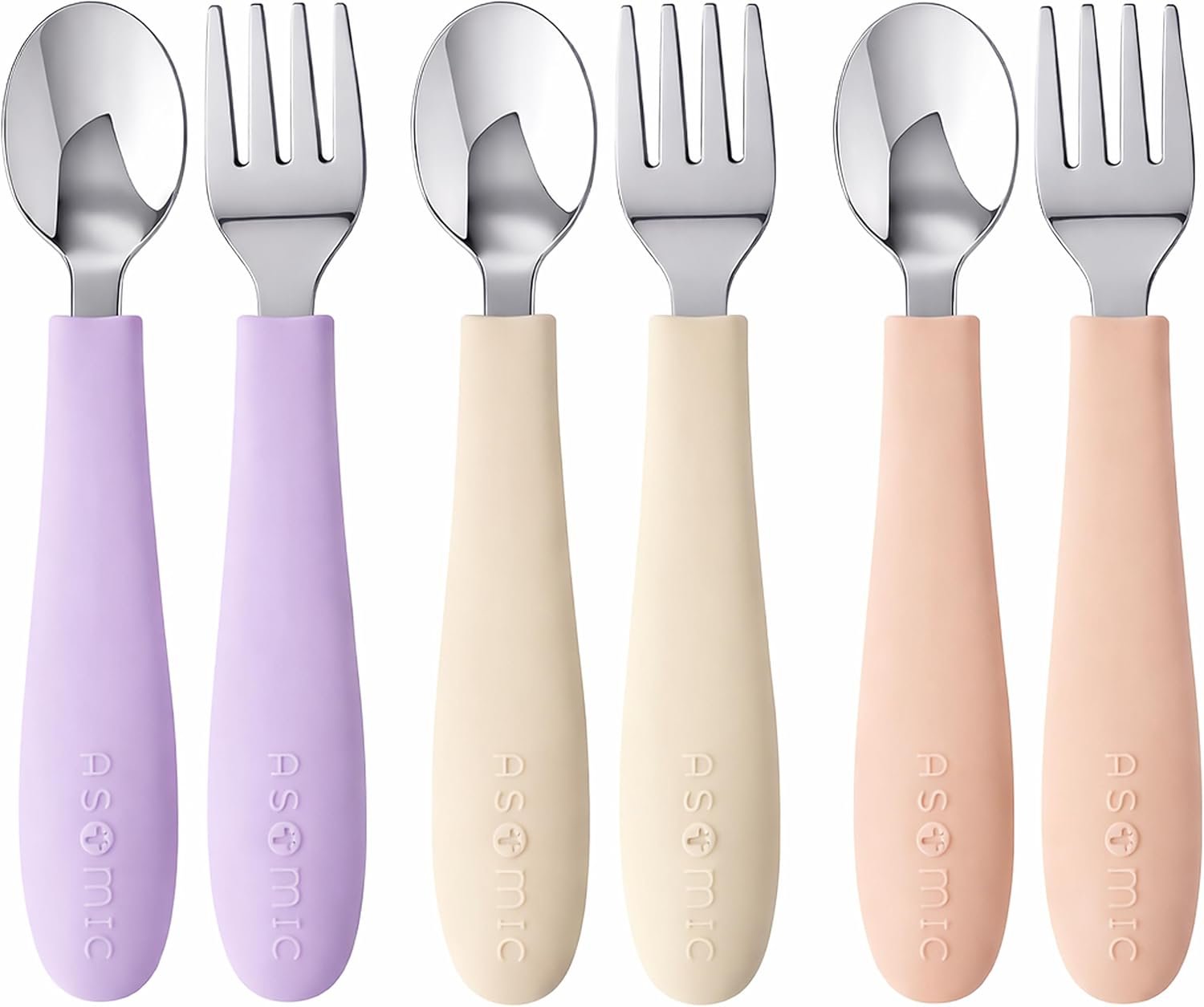 ASOMIC® Toddler Utensils, 6-Piece Kids Silverware Set with Silicone Handles, 3 Forks & 3 Spoons, Premium 316 Stainless Steel, Dishwasher Safe (Pink/Lavender/Ivory)