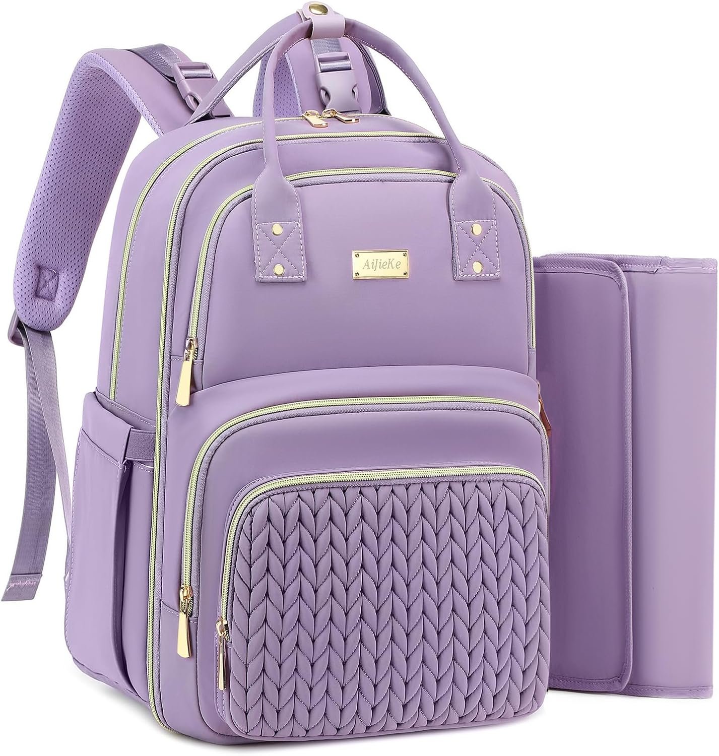 AIJIEKE Quilted Diaper Bag Backpack with Changing Pad & Stroller Straps, Large Baby Bag for Mom and Dad, Travel Backpack Diaper Bag with Insulated Pockets & Wet/Dry Separation, Lightweight, Purple