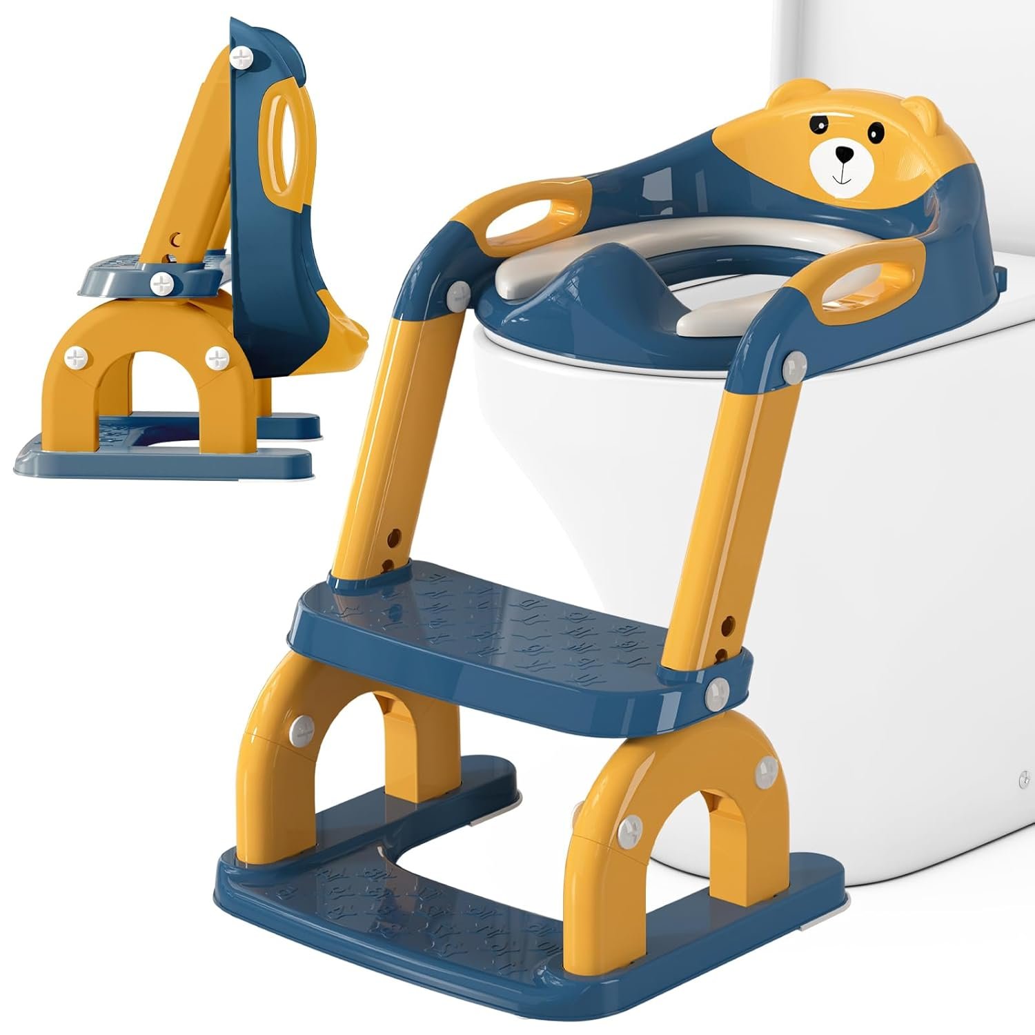 Potty Training Seat with Ladder for Toddlers, 2-in-1 Adjustable Potty Training Toilet for Kids Boys Girls with Splash Guard, Waterproof Cushion, Anti-Slip Pad Step Stool – Dark Blue