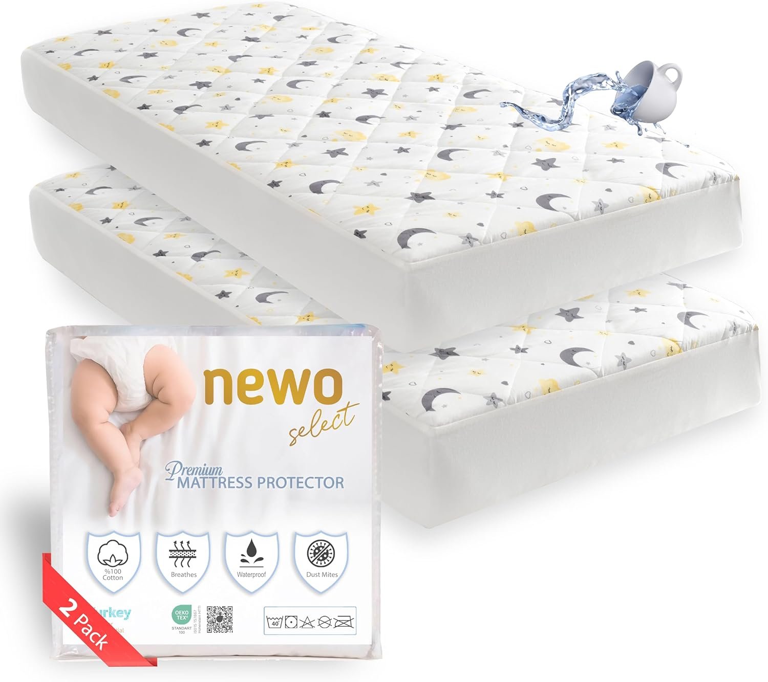 Waterproof Crib Mattress Protector Sheets,%100 Cotton Fabric, Absorbent Crib/Toddler Mattress Protector, Quilted, Certified, Noiseless Machine Wash, Moon&Star Pattern 52″x28″ (Small Single, 1, Pack)