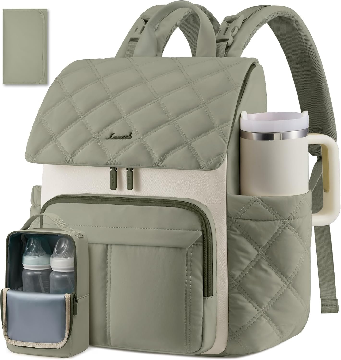 LOVEVOOK Diaper Bag Backpack With Pocket For Large Capacity Cup,Multi-Function Baby Travel Bag For Mom Dad,Waterproof Baby Bag for Boys Girls with Changing Pad,Insulated Bag,Stroller Straps,Green
