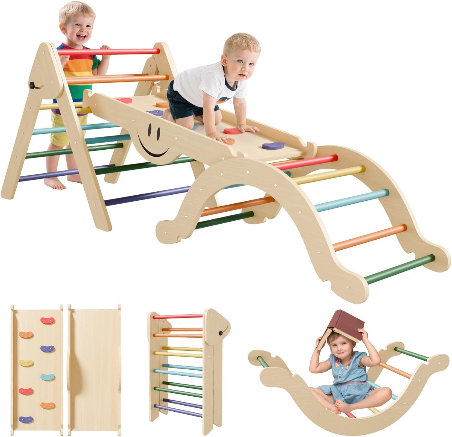 BIERUM Pikler Triangle Set – 8 in 1 Toddler Climbing Toys Indoor Wooden, Montessori Pickler Climbing Set with Ramp, Foldable Baby Climbing Gym, Rainbow