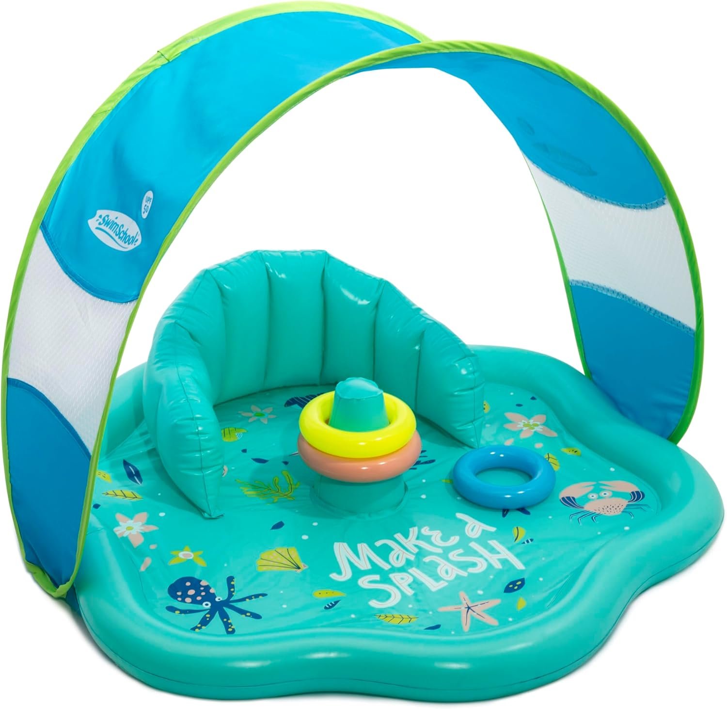 SwimSchool Infant Baby Pool Floats, Free Swimming, Super Buoyant – Ages 6-24 Months – Multiple Colors/Styles – Adjustable Canopies and Seats, Splash & Play Baby Floaties