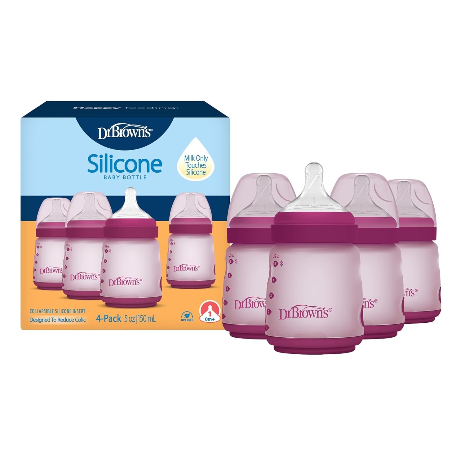 Dr. Brown’s Silicone Baby Bottle with Collapsible Insert Designed to Reduce Colic, 5 oz with Wide-Neck Level 1 Slow Flow Nipple, BPA-Free, 0m+, Pink, 4-Pack