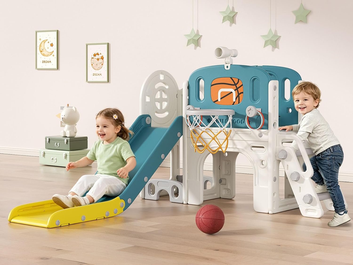 BIERUM 9 in 1 Toddler Slide Set – Baby Slide for Toddlers 1-3 with Ring Toss and Basketball Hoop, Indoor Outdoor Toddler Playset Playground Blue Yellow