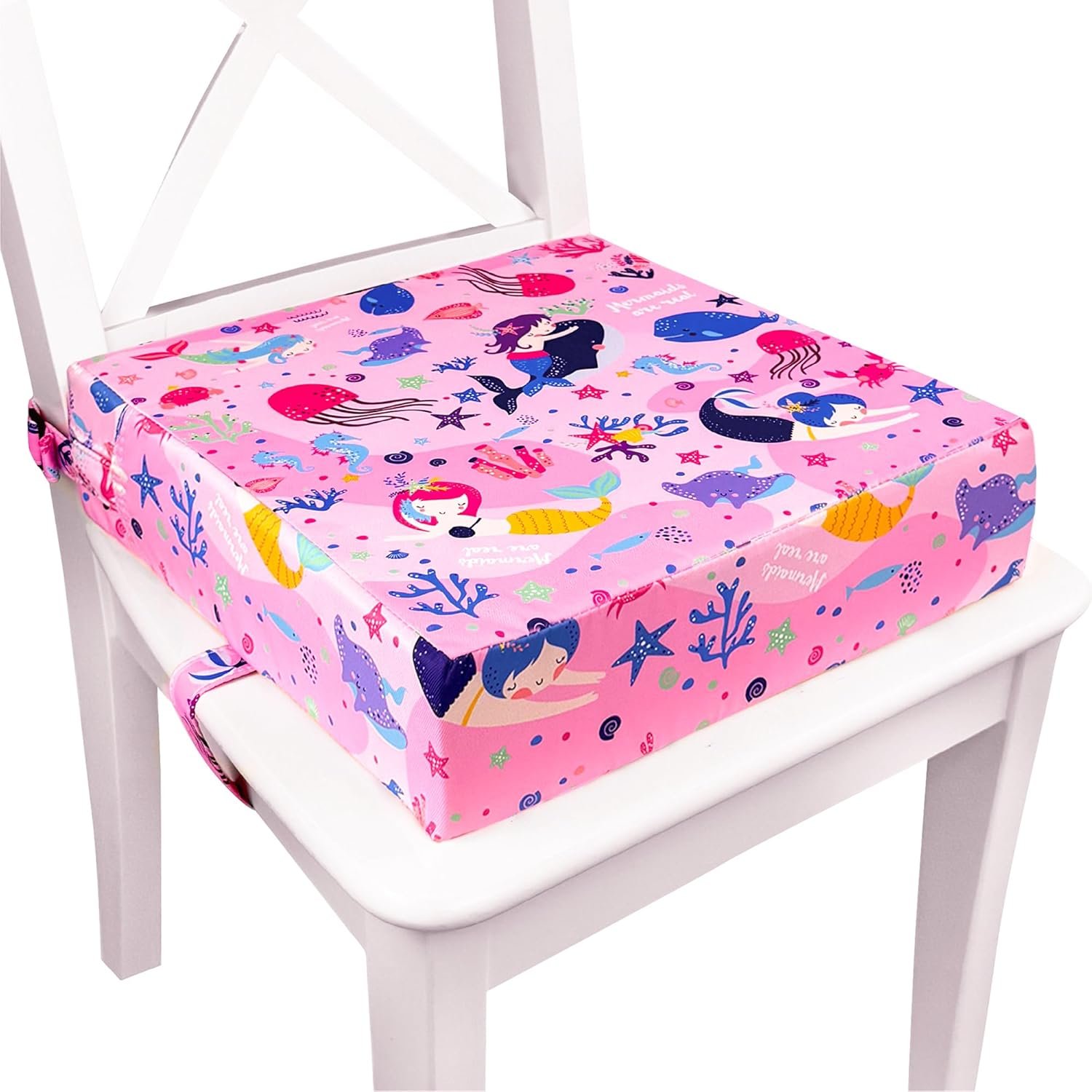 Toddler Booster Seat for Dining Table & Kitchen Chairs – Premium Foam with Non-Slip Bottom & Double Adjustable Straps, Safety Certified, Portable Travel &Easy to Clean (Pink-Mermaid)