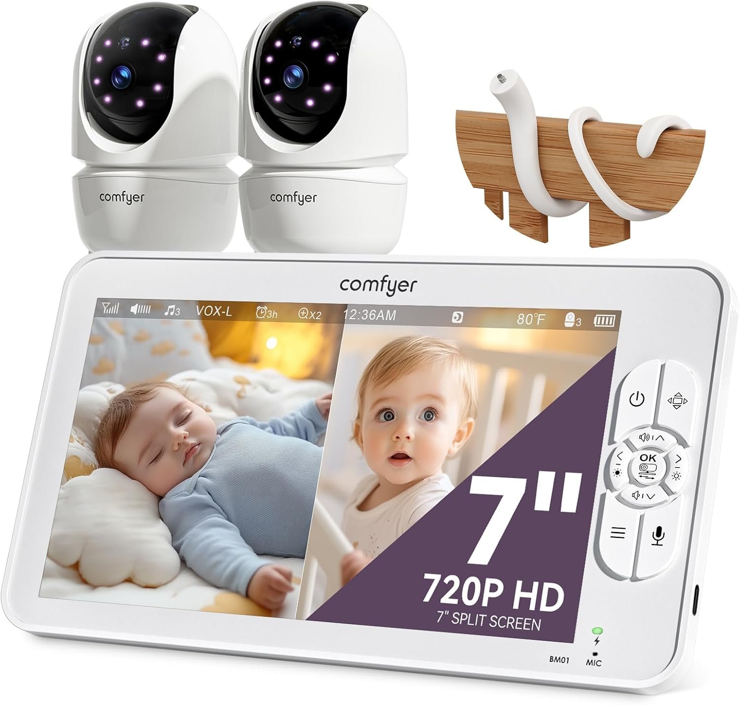 Comfyer BM01 7″ HD Split-Screen Baby Monitor, Video Baby Monitor with 2 Cameras and Audio, No WiFi Monitor with a Flexible Bracket, 6000mAh Battery, VOX Mode with Sound Alert, 4X Zoom, Night Vision
