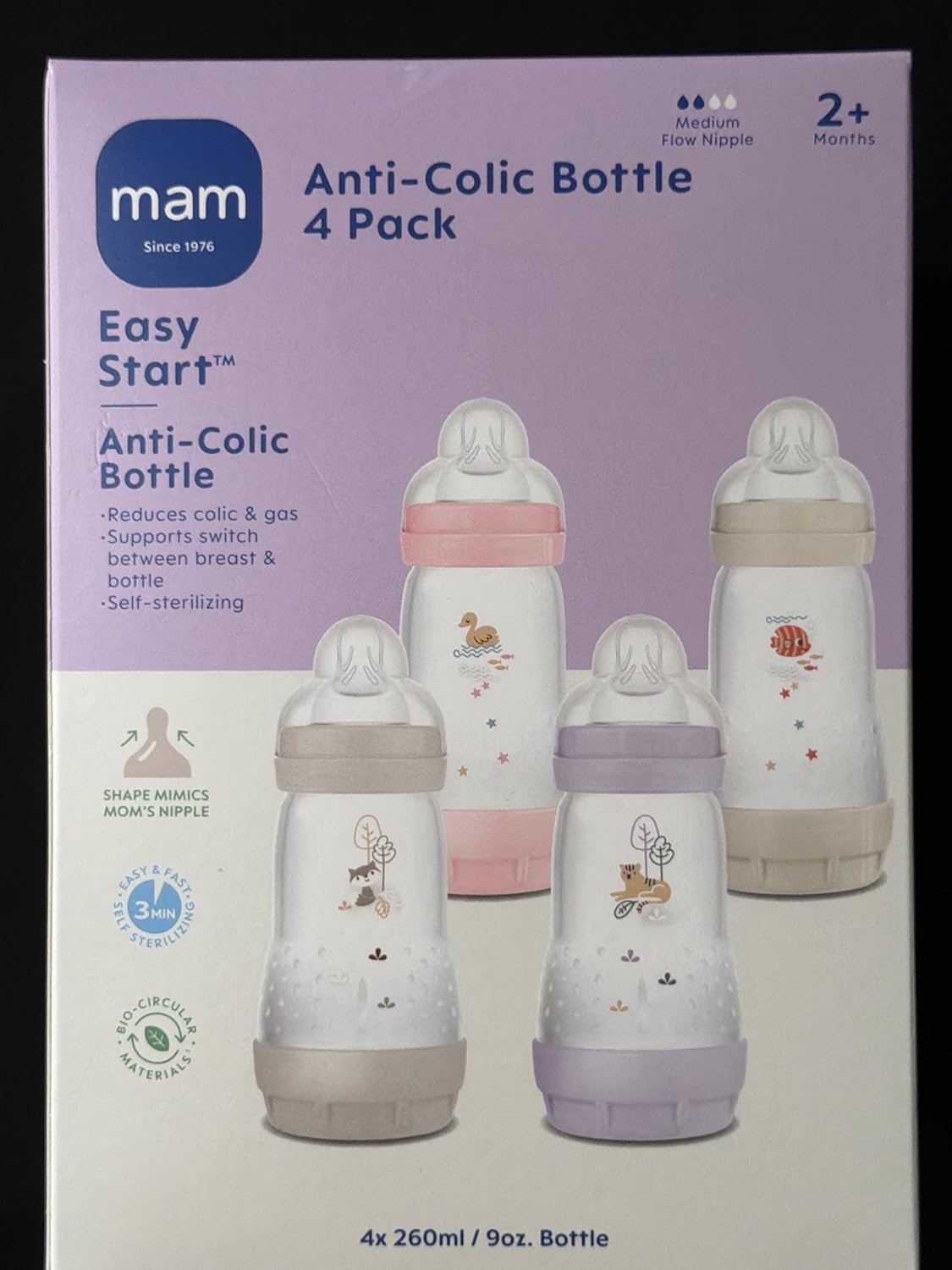 MAM 9oz Easy Start Anti-Colic Baby Bottles, Medium Flow Nipple, Breastfeeding-Like Silicone, Reduces Colic and Gas, Easy-to-Clean, BPA-Free, 2 Plus Months, Baby Boy Multi, 4 Count