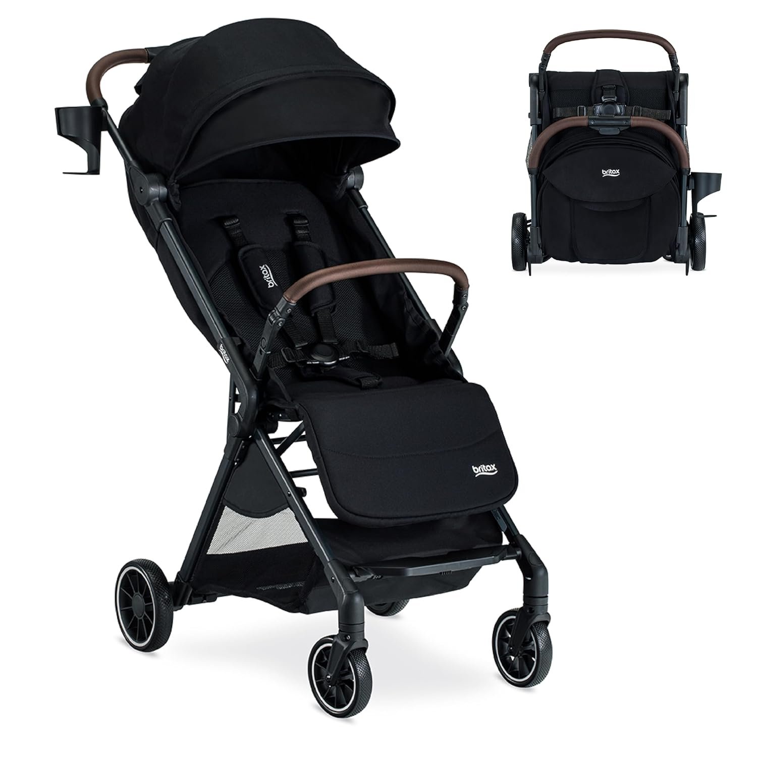 Britax Juniper Compact On-the-Go Stroller, Effortless Fastpack System with One-Hand RapidFold, Portable & Lightweight for Travel, Built-in Carry Handle, Ventilating Fabrics, Raven Black